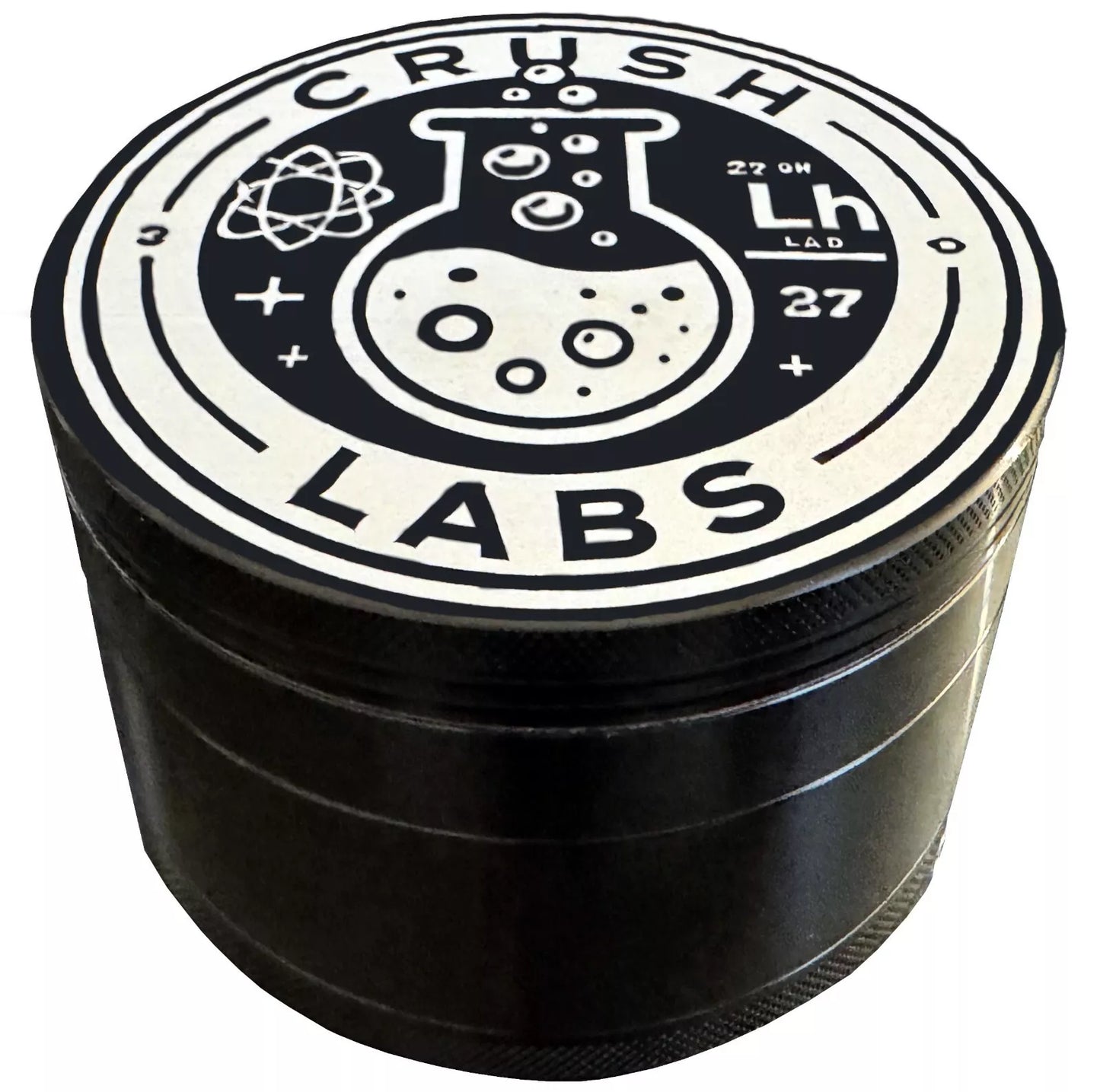 Black 4 piece aluminum grinder with 'Crush Labs' logo on a white background