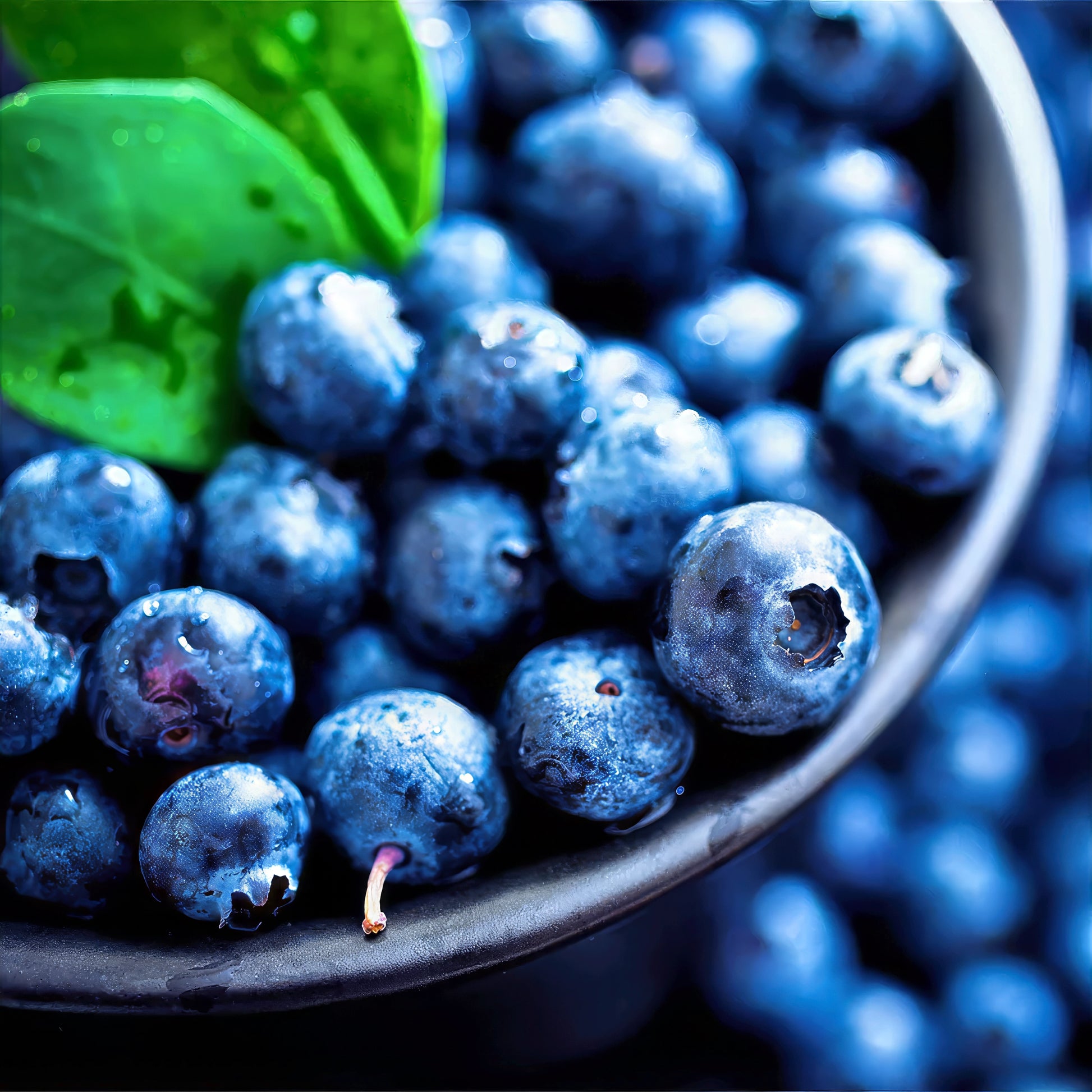 Close-up of blueberries in a bowl with a green leaf