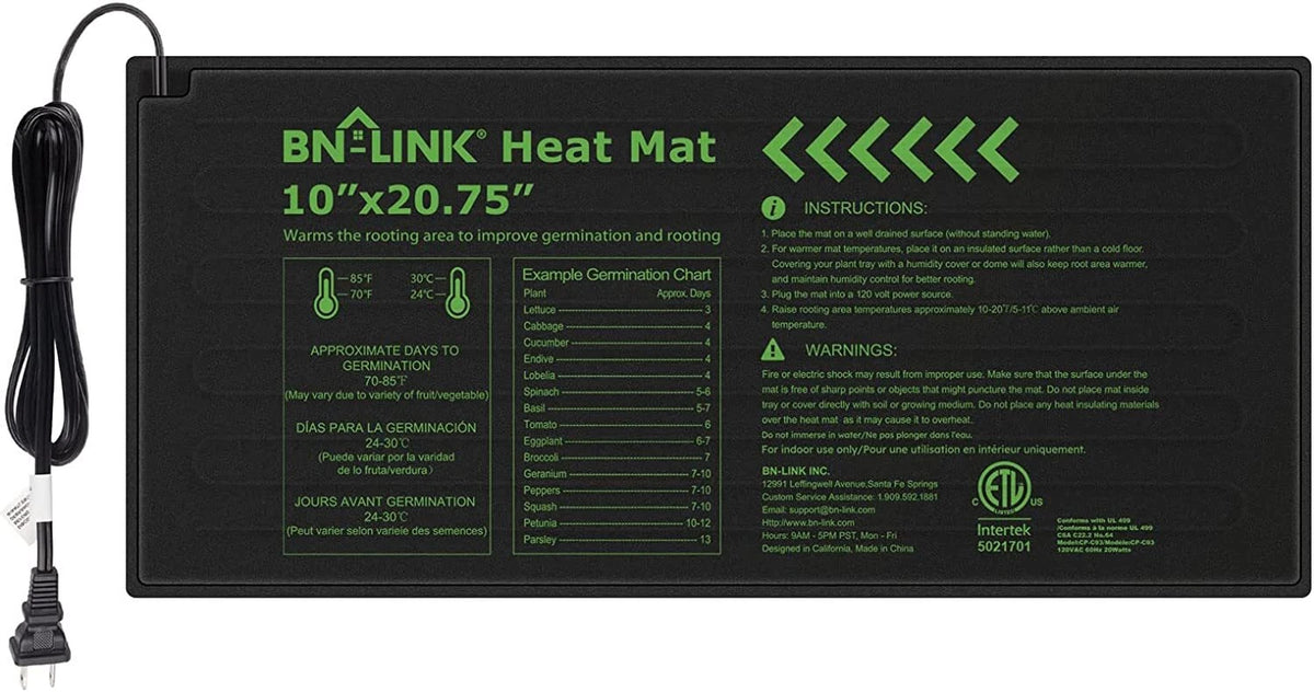 BN-Link seed germination heat mat with green text and black background