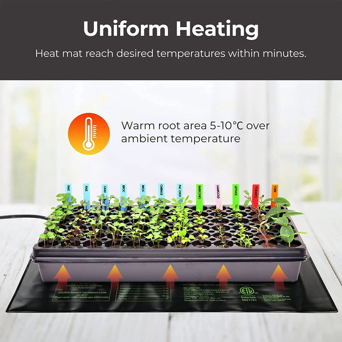 A seed starter tray with small green seedlings placed on a black rectangular heating mat, shown with marketing text about uniform heating and temperature rise. No person or animal is present, and the setting is a clean studio-style product presentation rather than a real lived-in environment, so Product/Packaging fits better than Lifestyle.