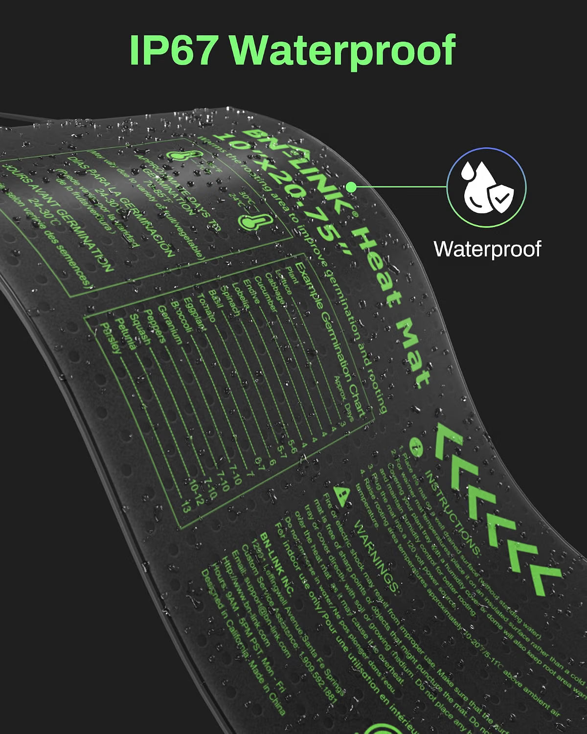 Heat mat with green text and IP67 waterproof label on a black background