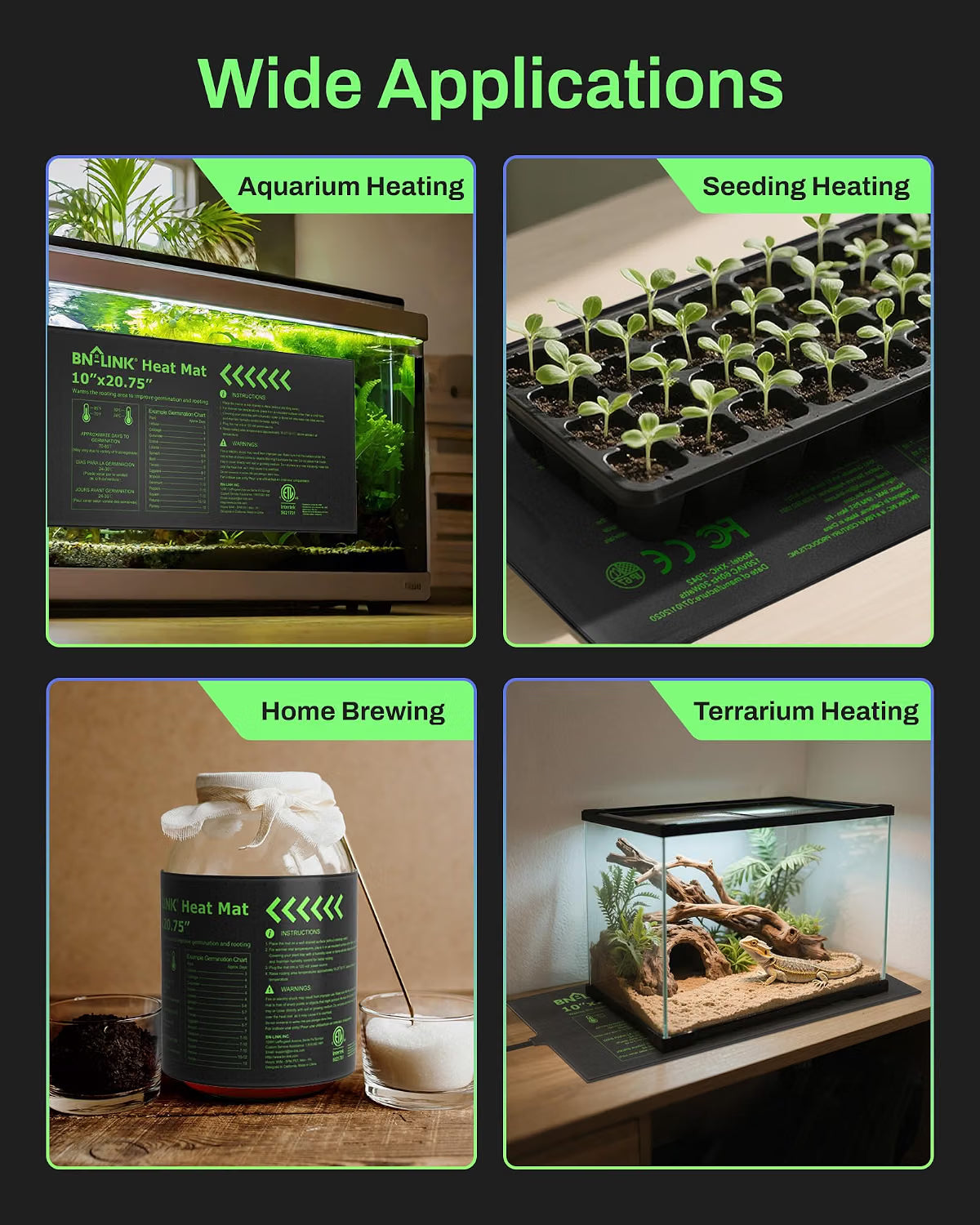 Collage of heat mat applications including aquarium, seedling, home brewing, and terrarium heating.