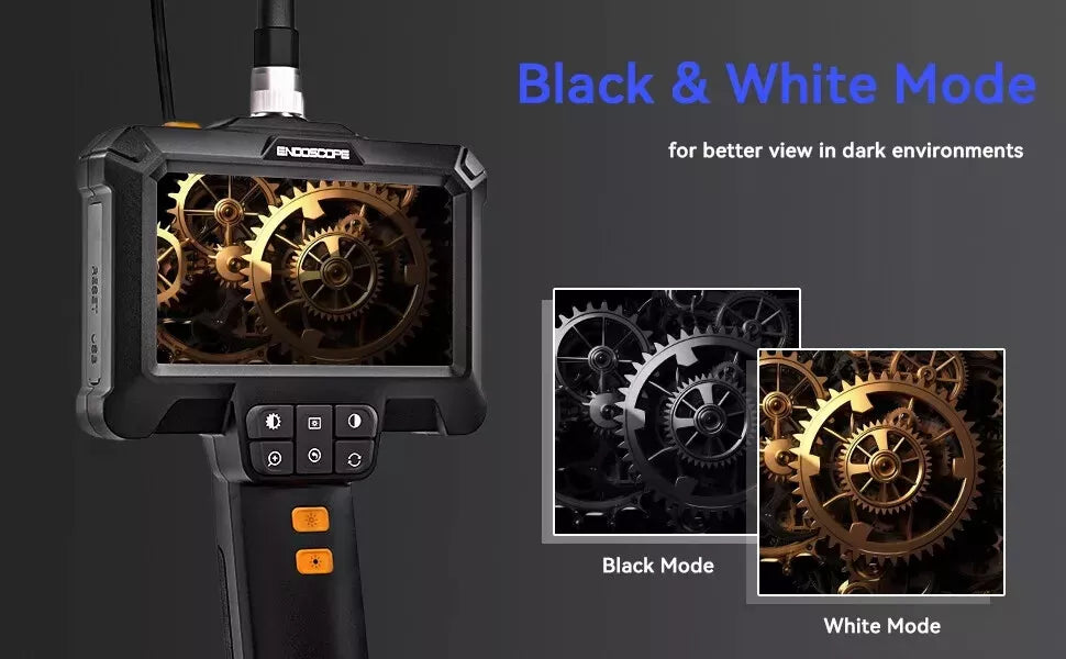 Handheld industrial borescope displaying black and white mode for better view in dark environments