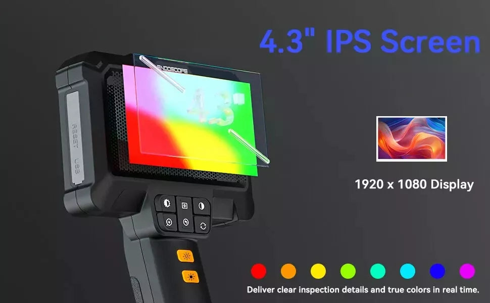 Industrial handheld endoscope featuring 4.3-inch IPS display with 1920x1080 resolution and vibrant colors