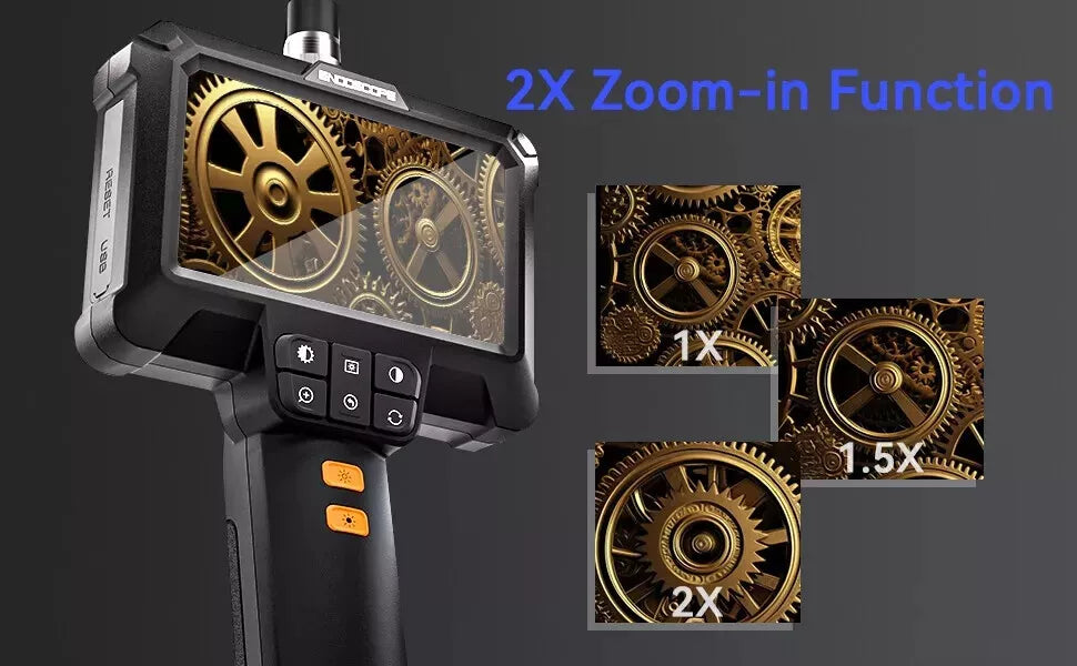 Handheld industrial borescope showing zoom-in function for close-up inspections