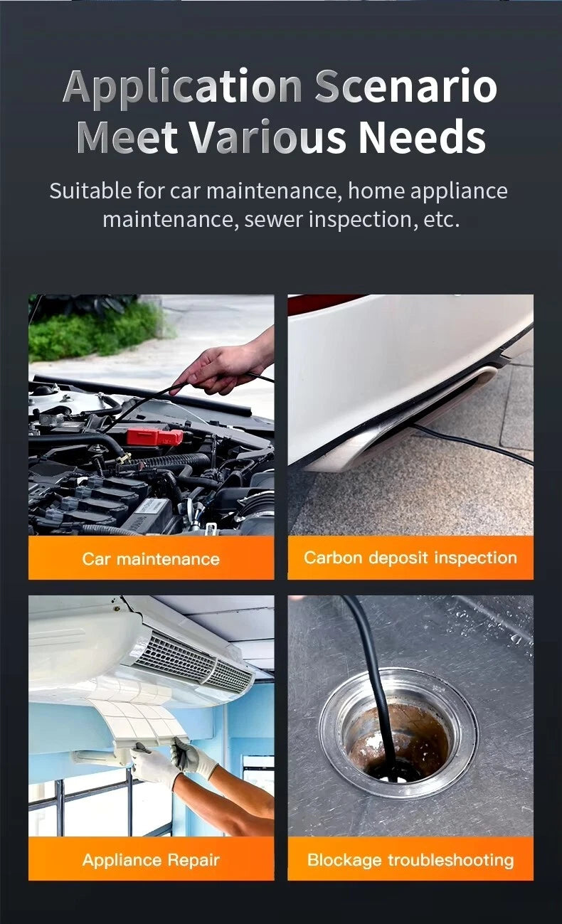 Handheld industrial borescope used in car motors, plumbing, HVAC, and appliances