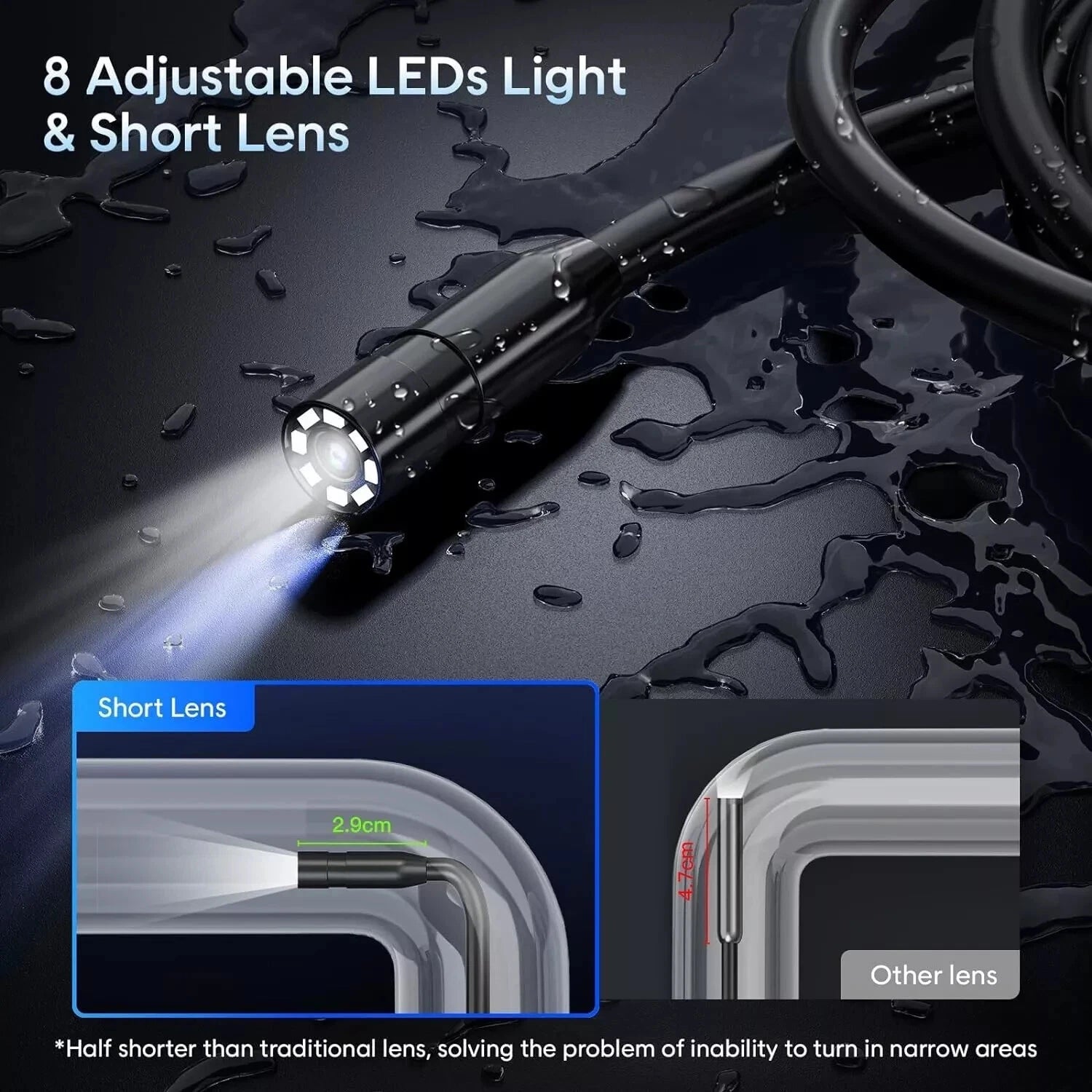 Handheld industrial borescope with 8 adjustable LED lights and short 2.9 cm lens for tight turns in narrow spaces