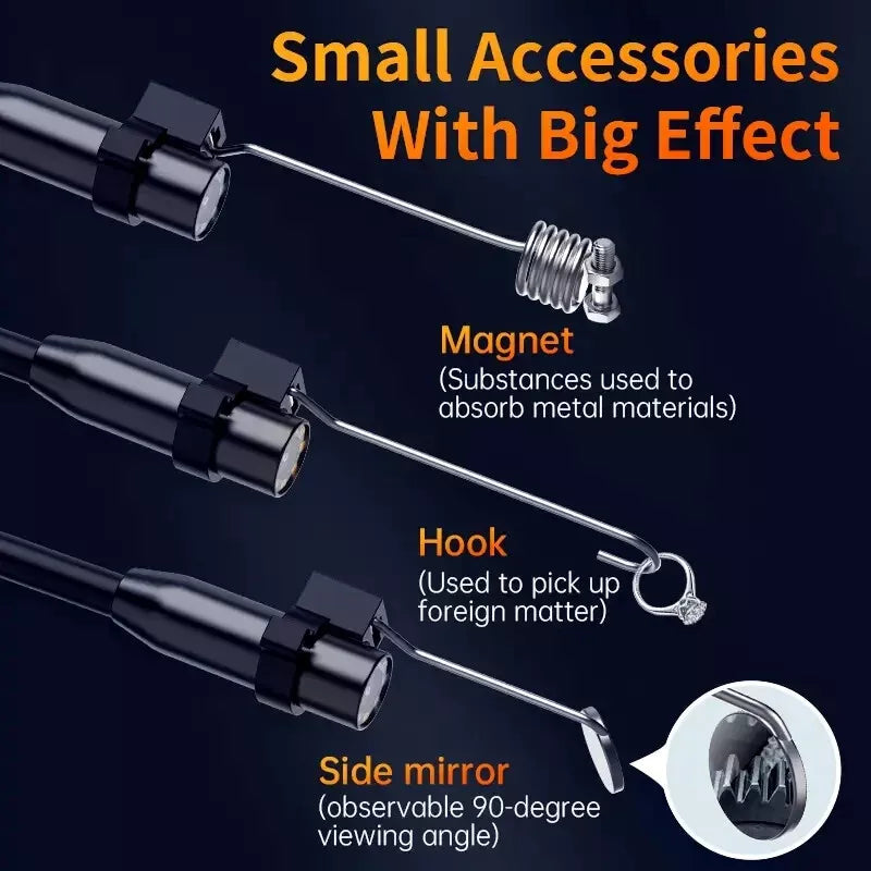 Three-piece accessory set for handheld industrial borescope including magnetic hook and side mirror extensions