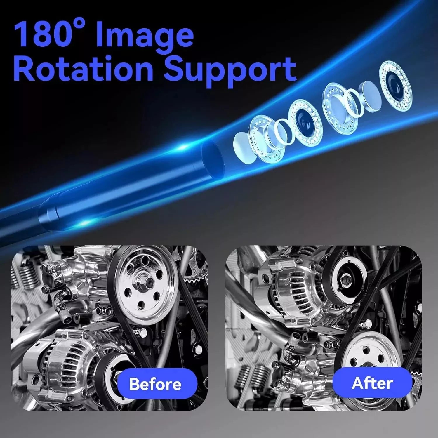 Handheld industrial borescope with 180-degree rotatable camera showing before and after view