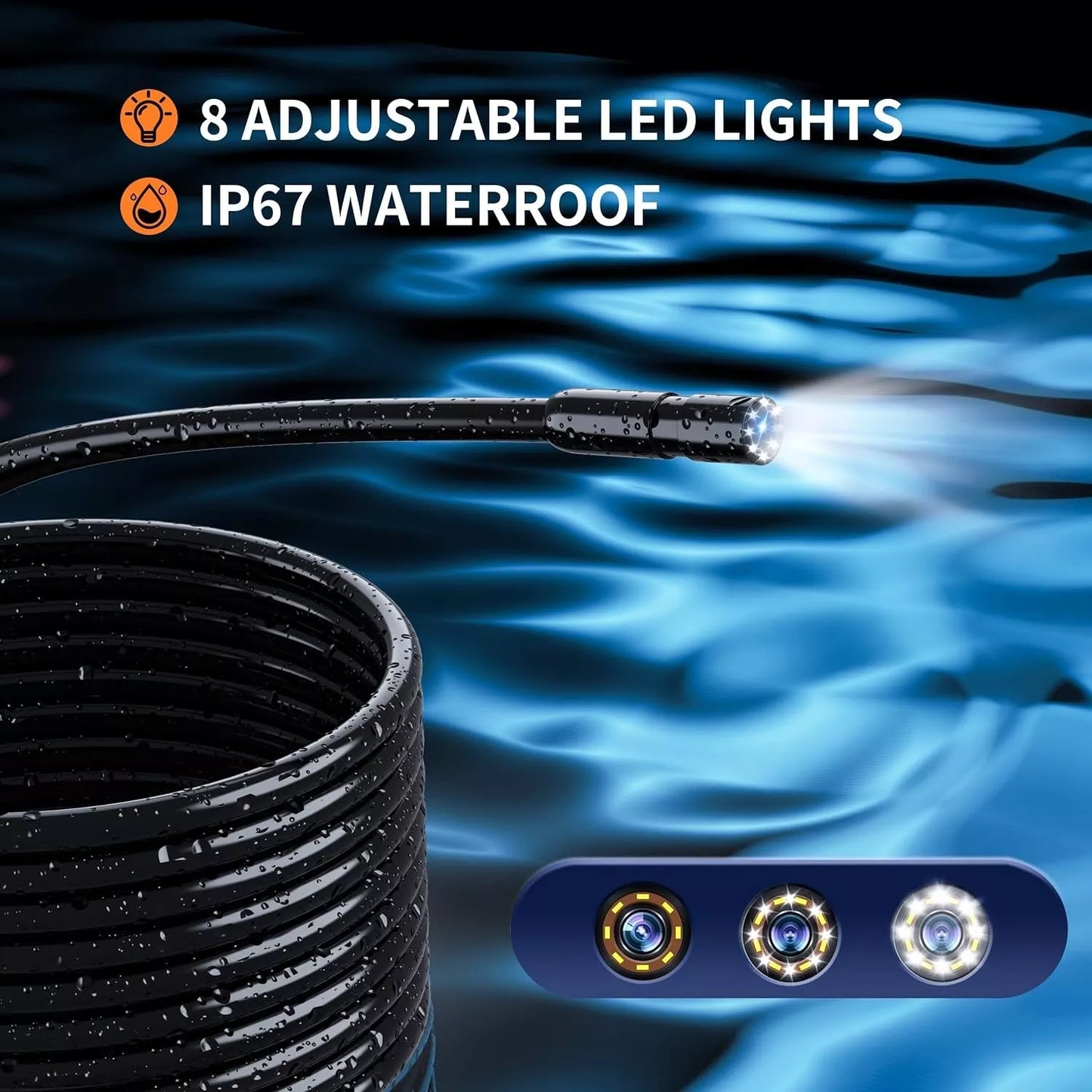 Handheld industrial borescope with 8 adjustable LED lights and IP67 waterproof rating