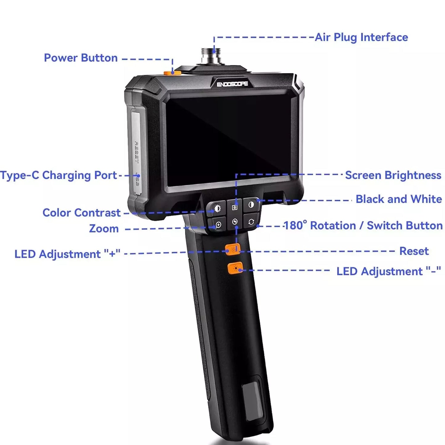 Handheld industrial borescope showing all control & settings buttons and charging ports