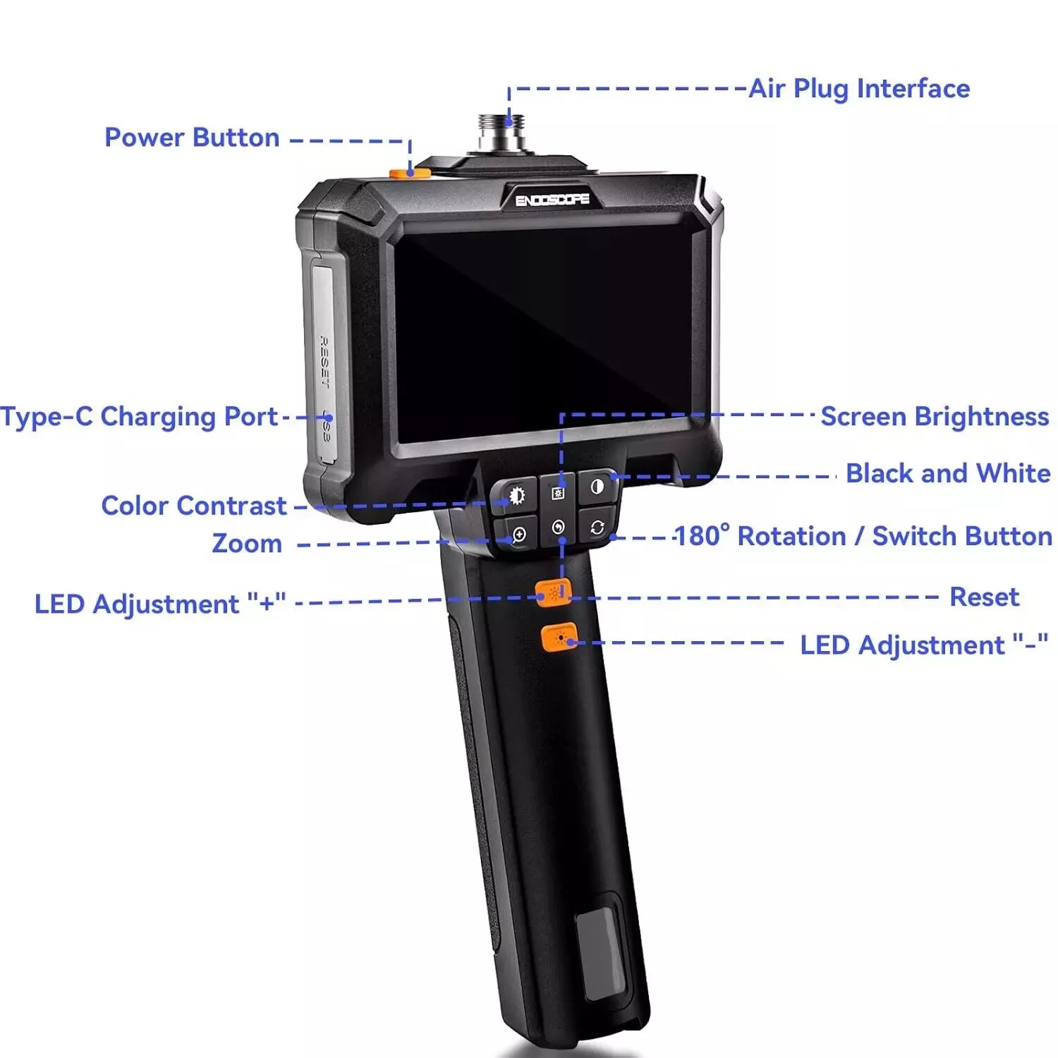 Handheld industrial borescope showing all control & settings buttons and charging ports