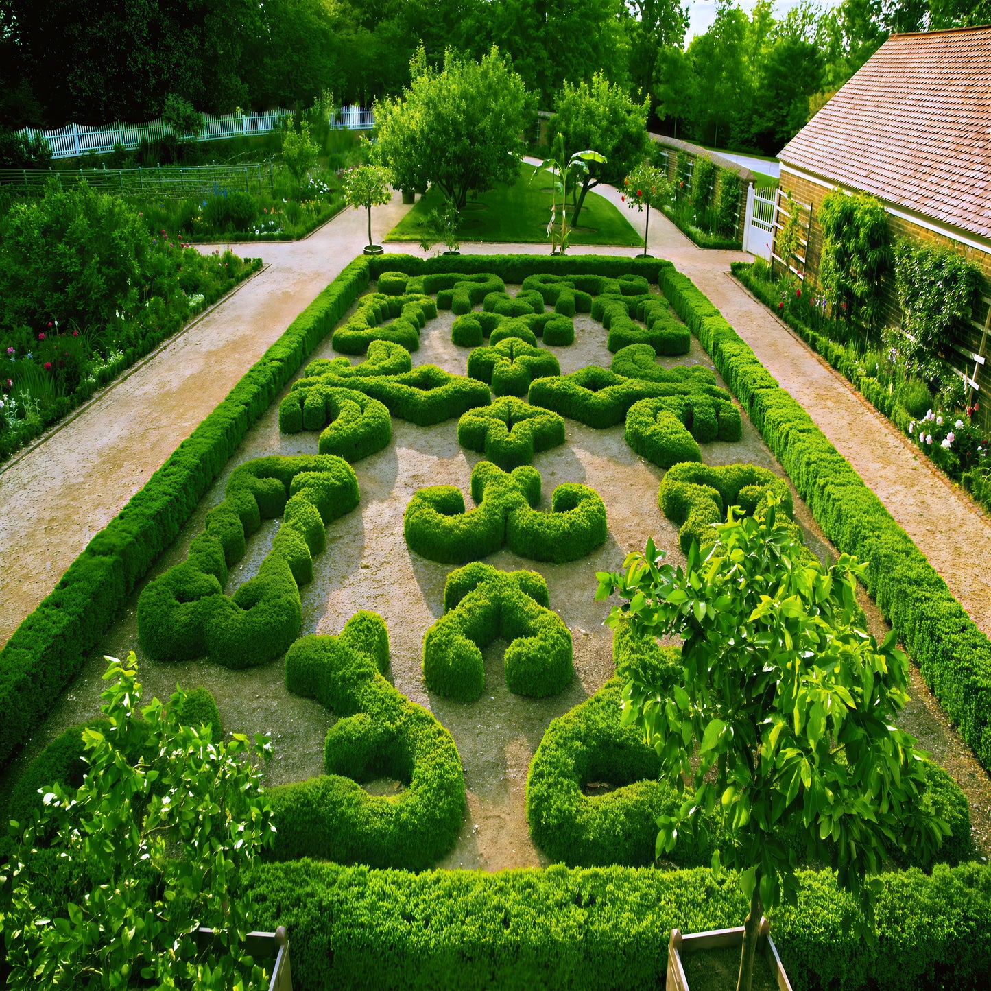 Neatly trimmed Common English Boxwood hedges in geometric patterns in a garden setting with a house in the background.