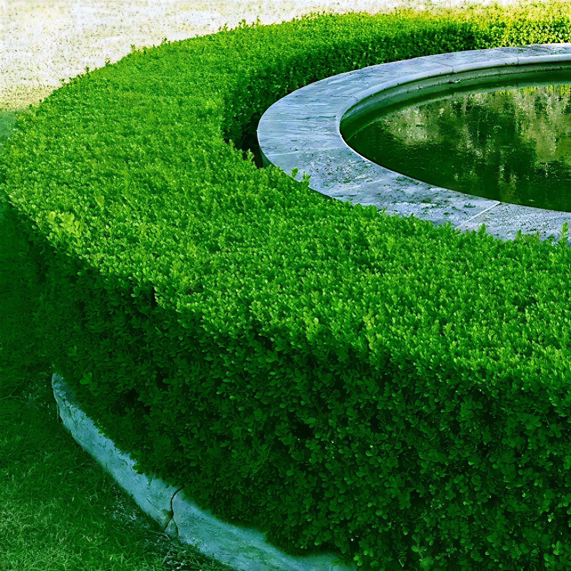 Circular green Common English Boxwood bush with a stone border and water feature in the background
