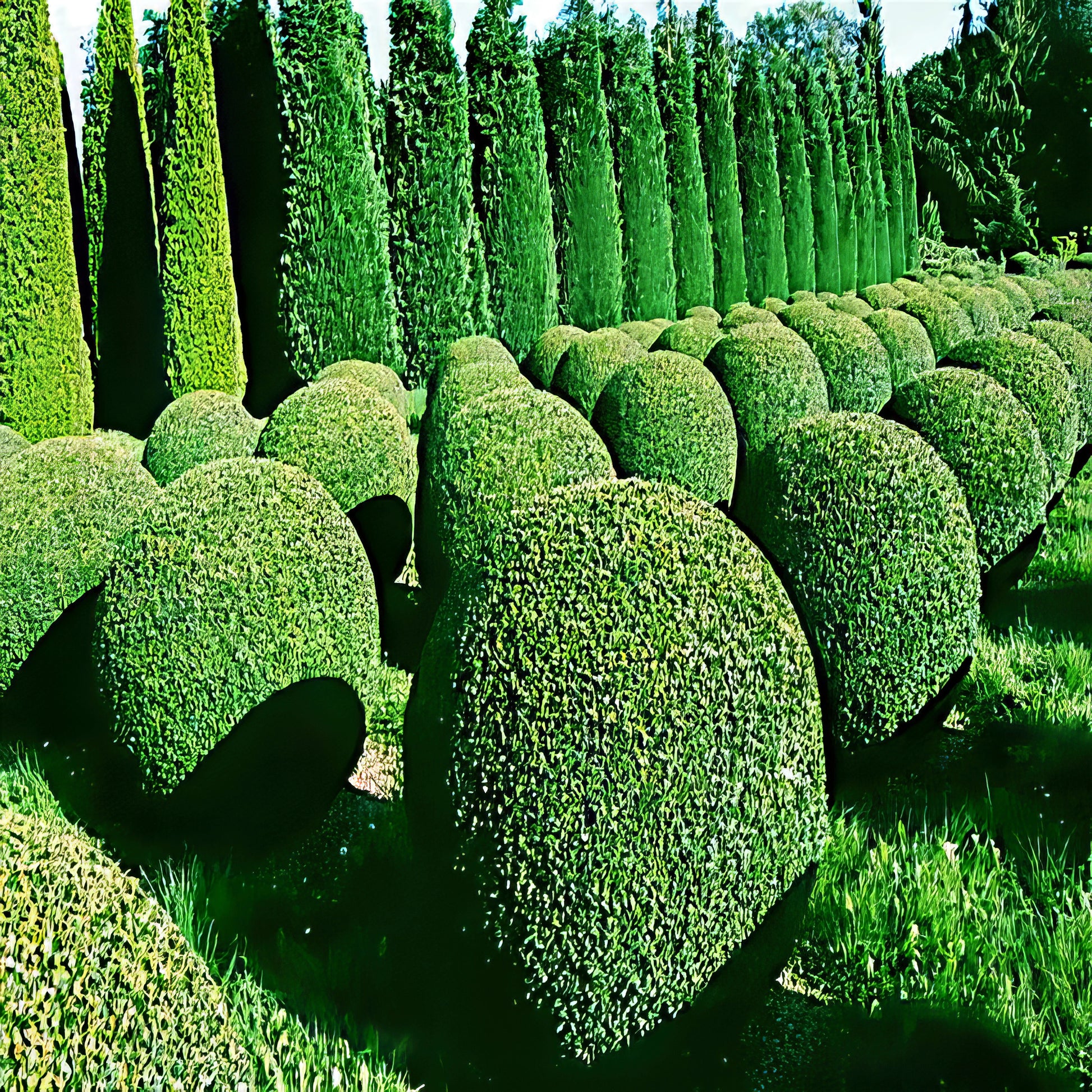 Row of neatly trimmed Common English Boxwood trees in a garden setting