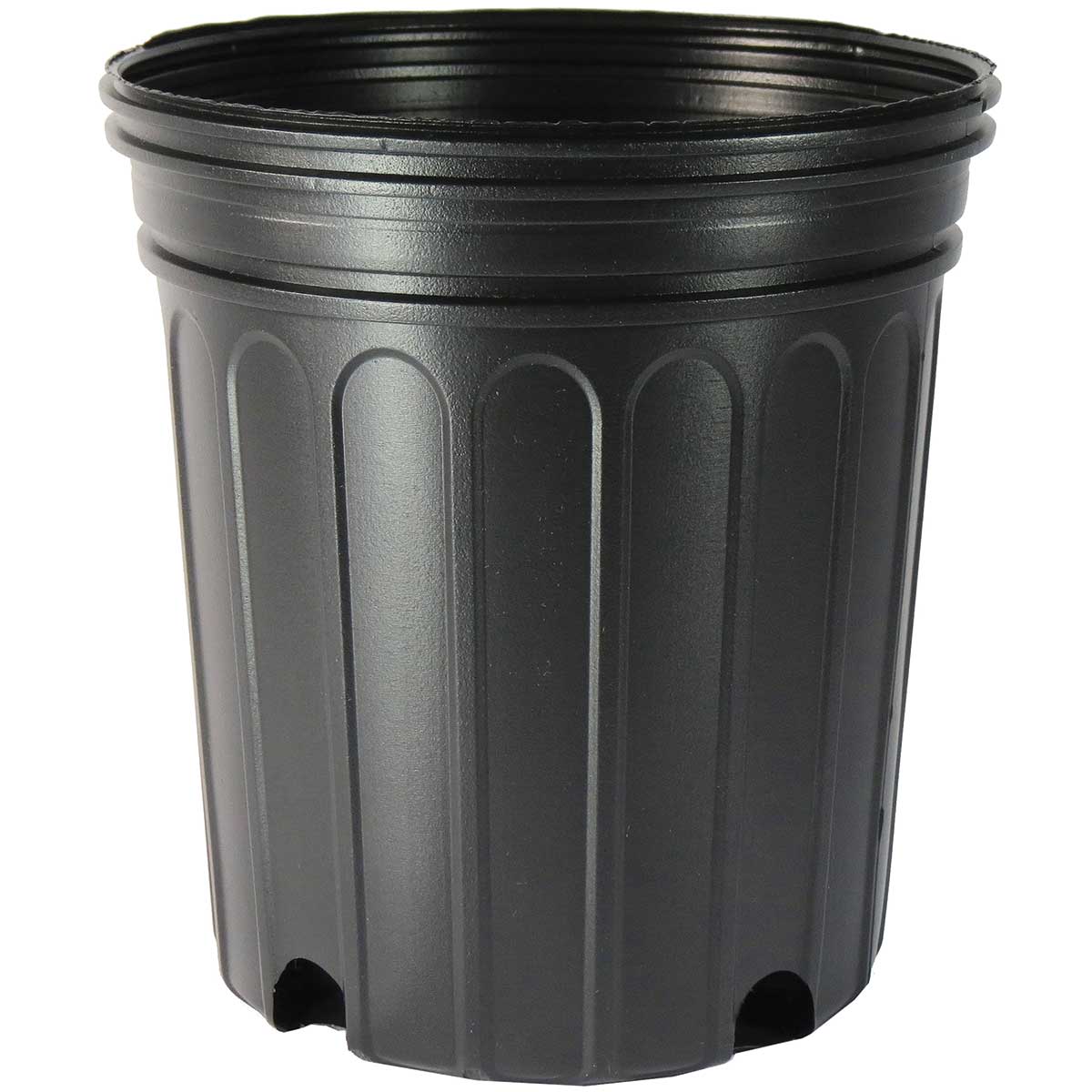 Black 2 gallon plastic nursery pot with ribbed design on a white background