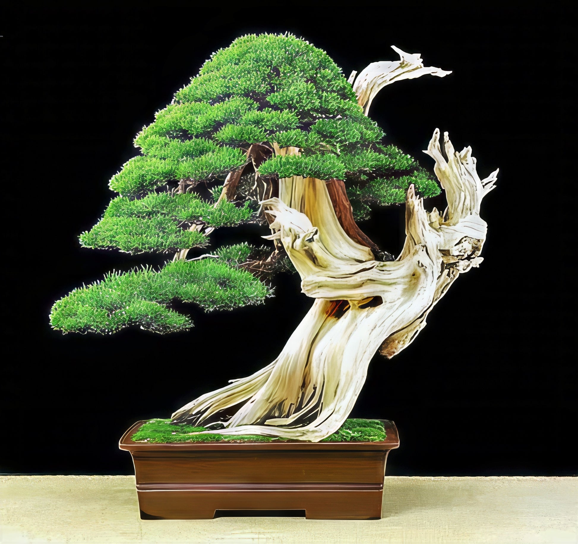 Rocky Mountain Bristlecone Pine as Bonsai tree with a large, textured trunk on a black background. (Pinus aristata)