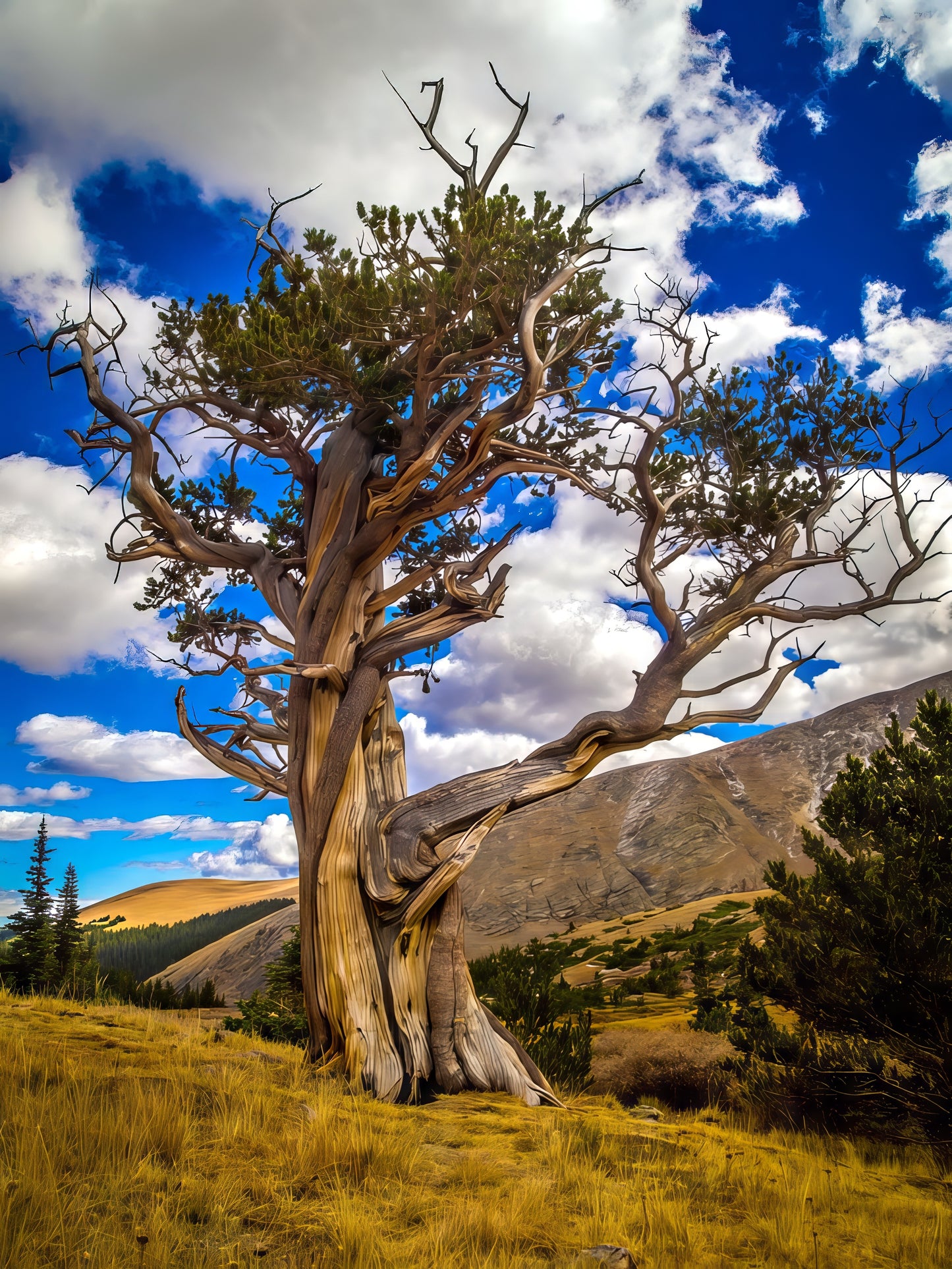 Mature Rocky Mountain Bristlecone pine tree with a gnarled trunk against a blue sky with clouds. (Pinus aristata)