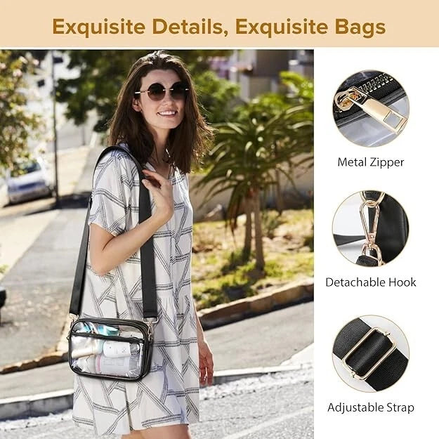 Woman walking outdoors with a clear bag, showcasing bag features.