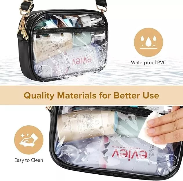 Transparent pouch with toiletries in a water splash, labeled 'Waterproof PVC' and 'Easy to Clean'.