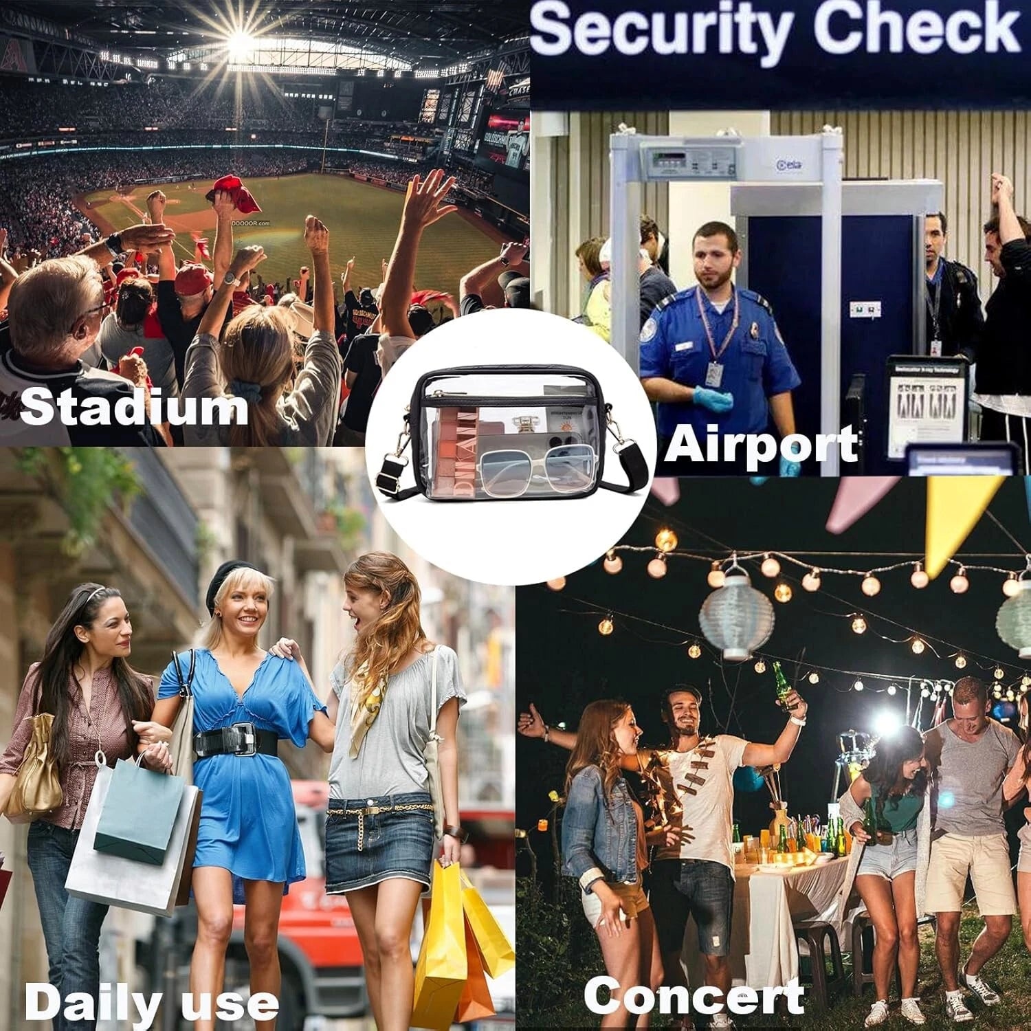 Collage of scenarios showing stadium approved clear bag being used at stadium, airport, daily use, and concert.