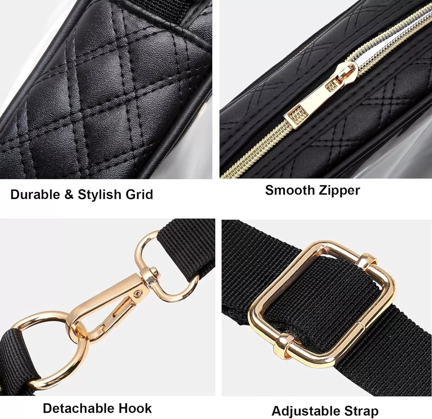 Clear Black purse bag with quality features, durable grid design, smooth zipper, detachable hook, and adjustable strap.