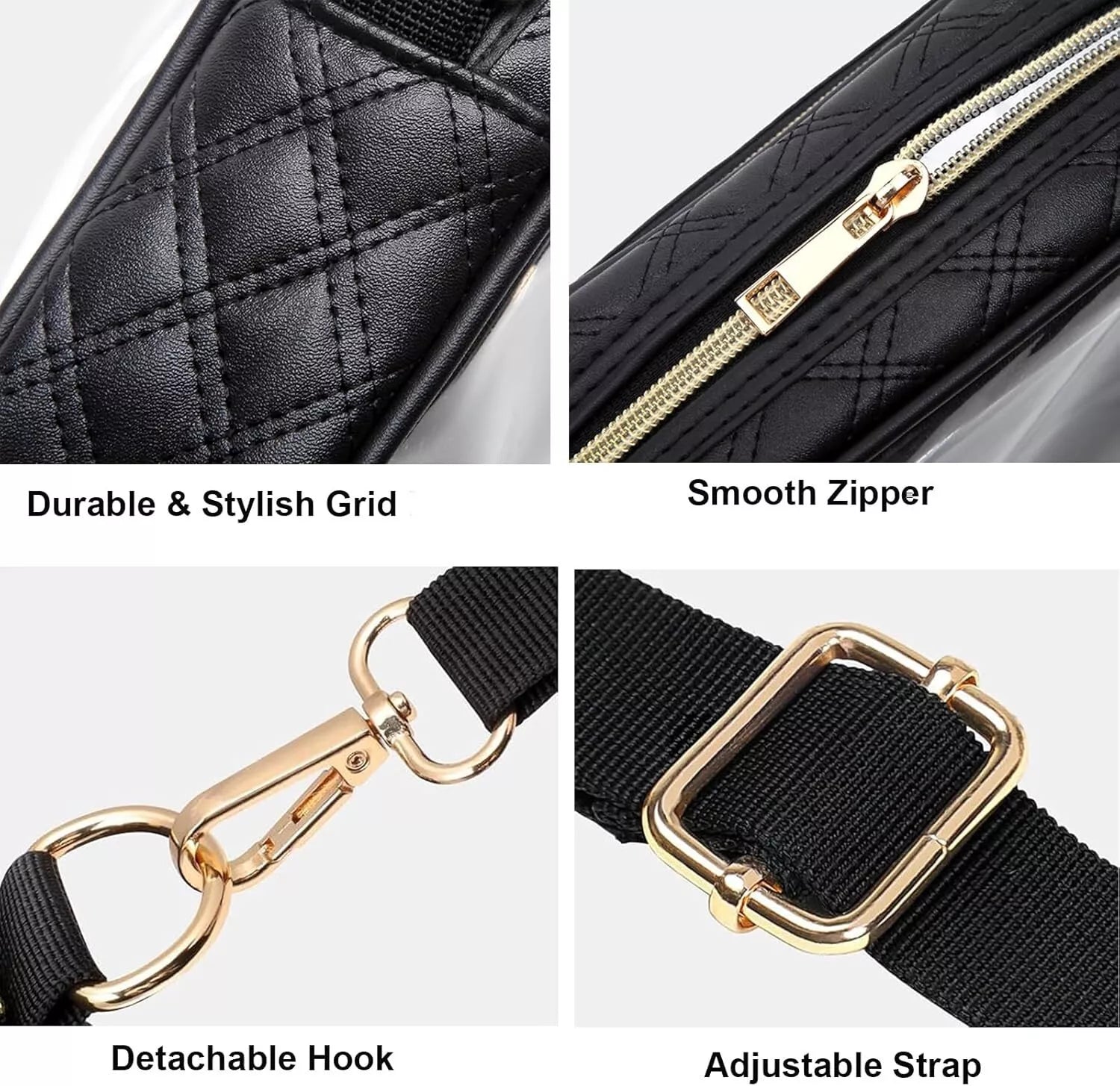 Clear Black purse bag with quality features, durable grid design, smooth zipper, detachable hook, and adjustable strap.
