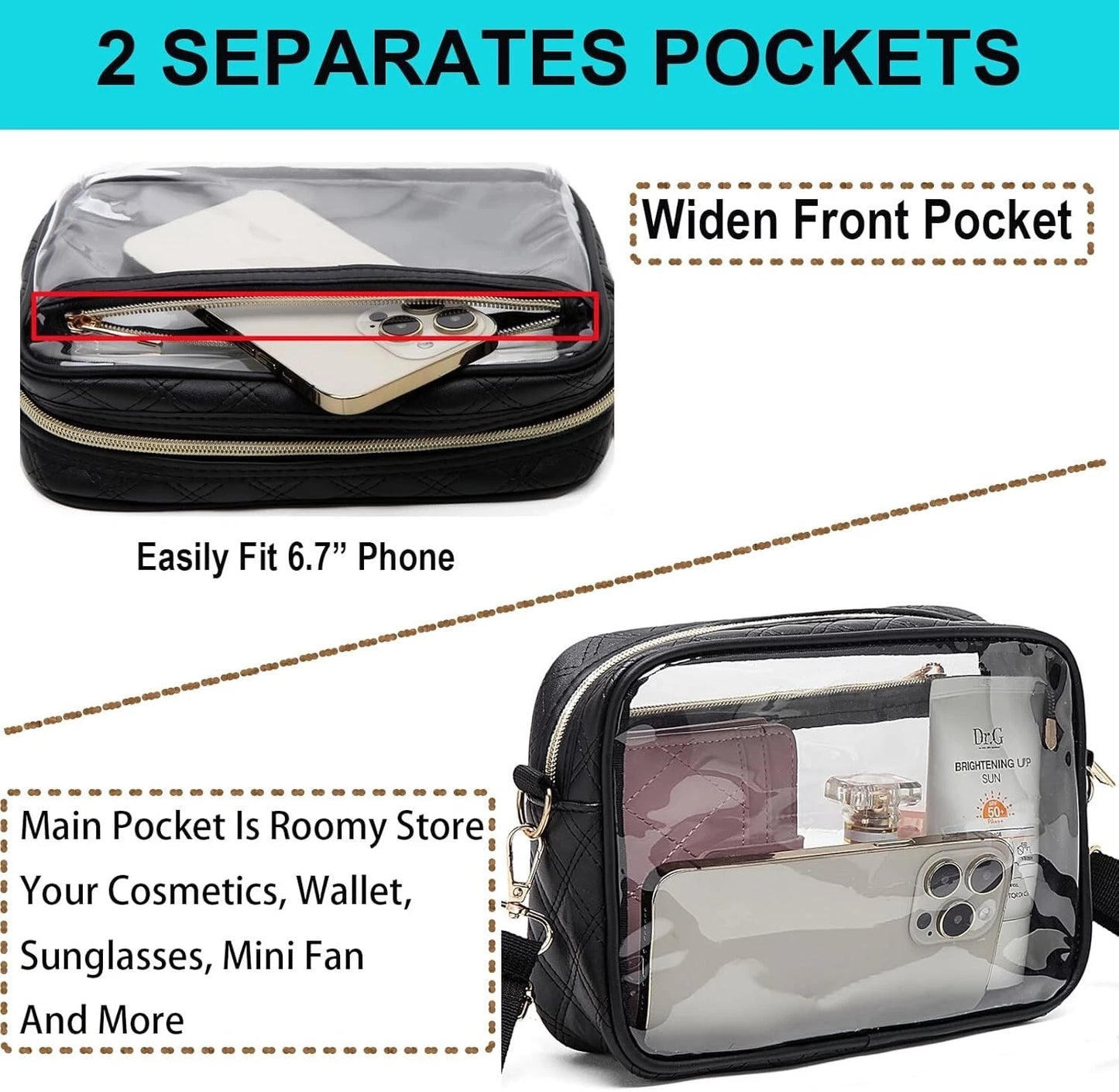 Black travel pouch with clear front pocket and phone compartment.