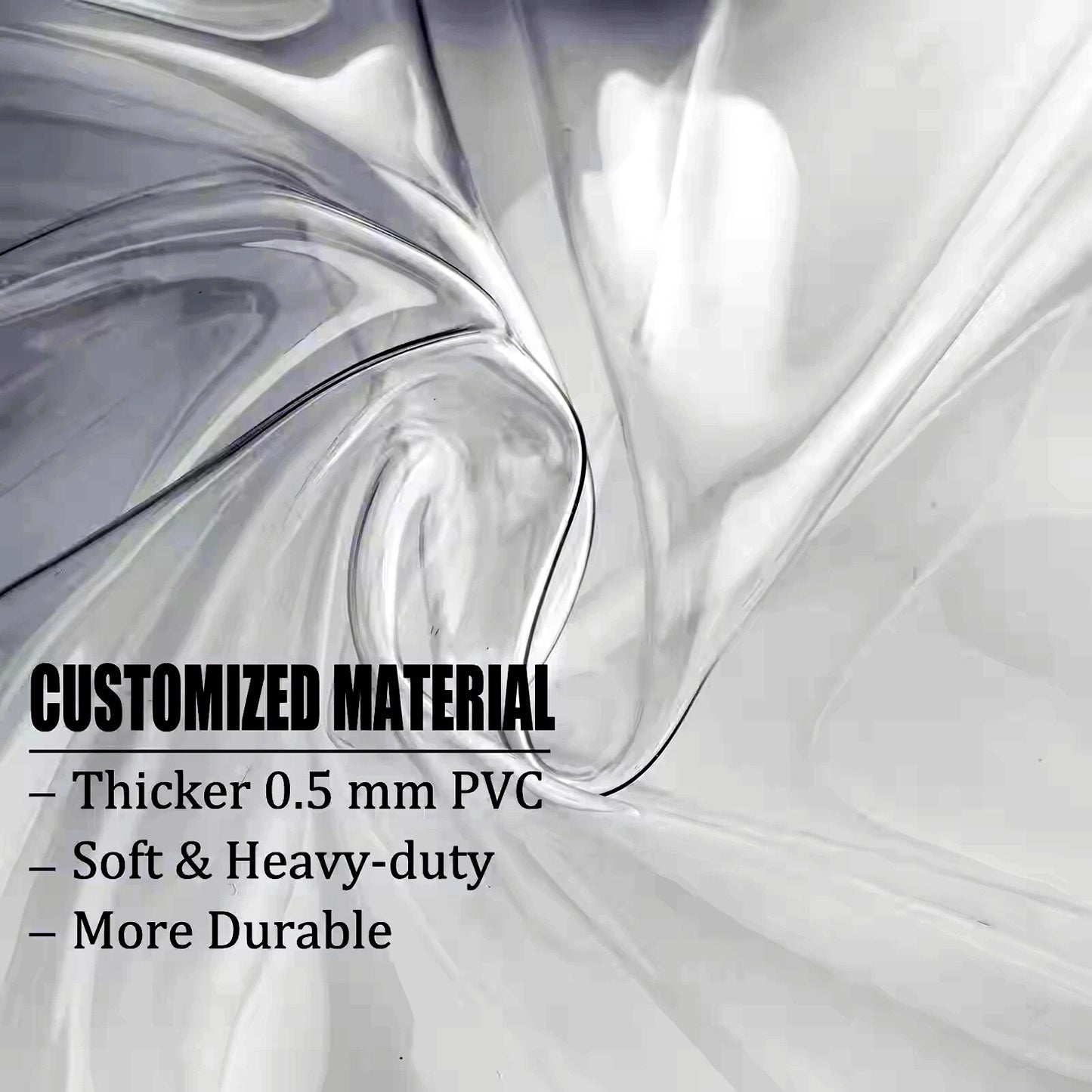 Close-up of heavy duty .5mm thick PVC material with text highlighting customization and properties.