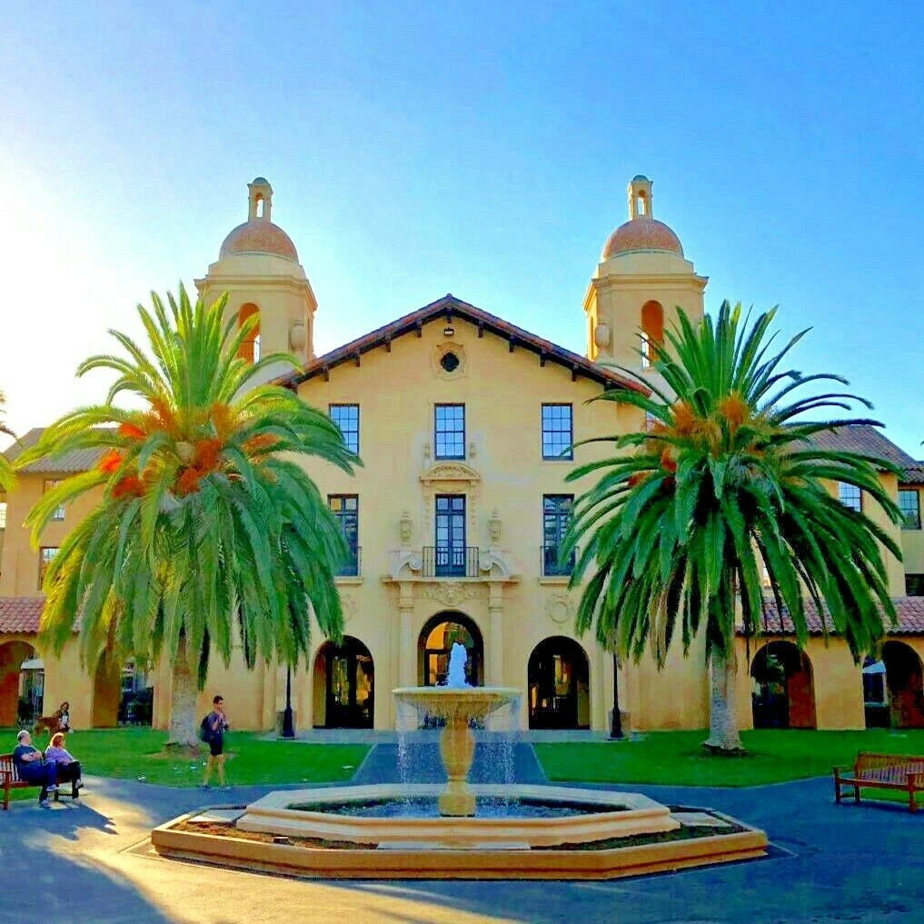 Historic building with canary date palm trees and a fountain in front
