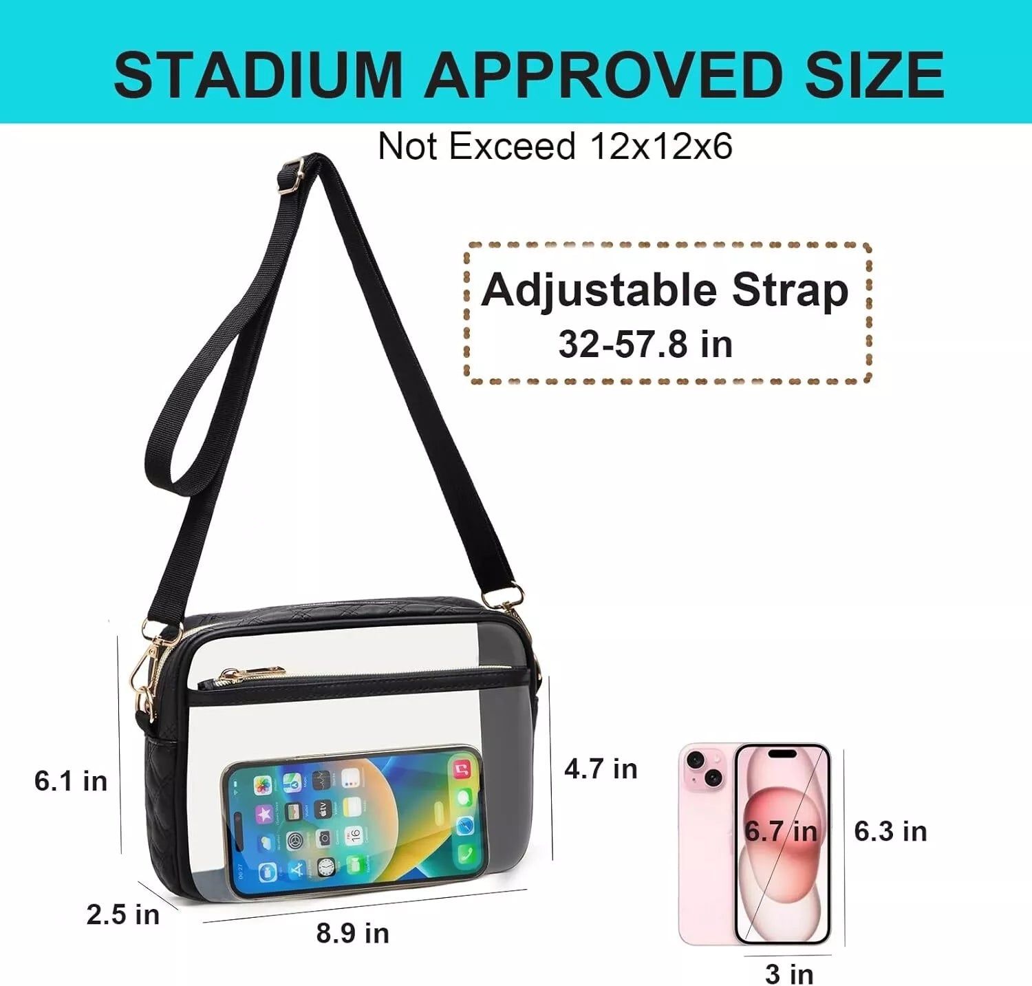 Black crossbody bag with measurements and smartphone display.