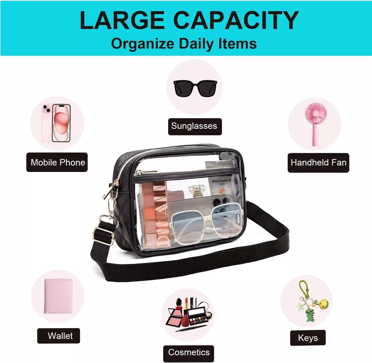 Clear bag with black strap organizing daily items including sunglasses, mobile phone, and handheld fan.