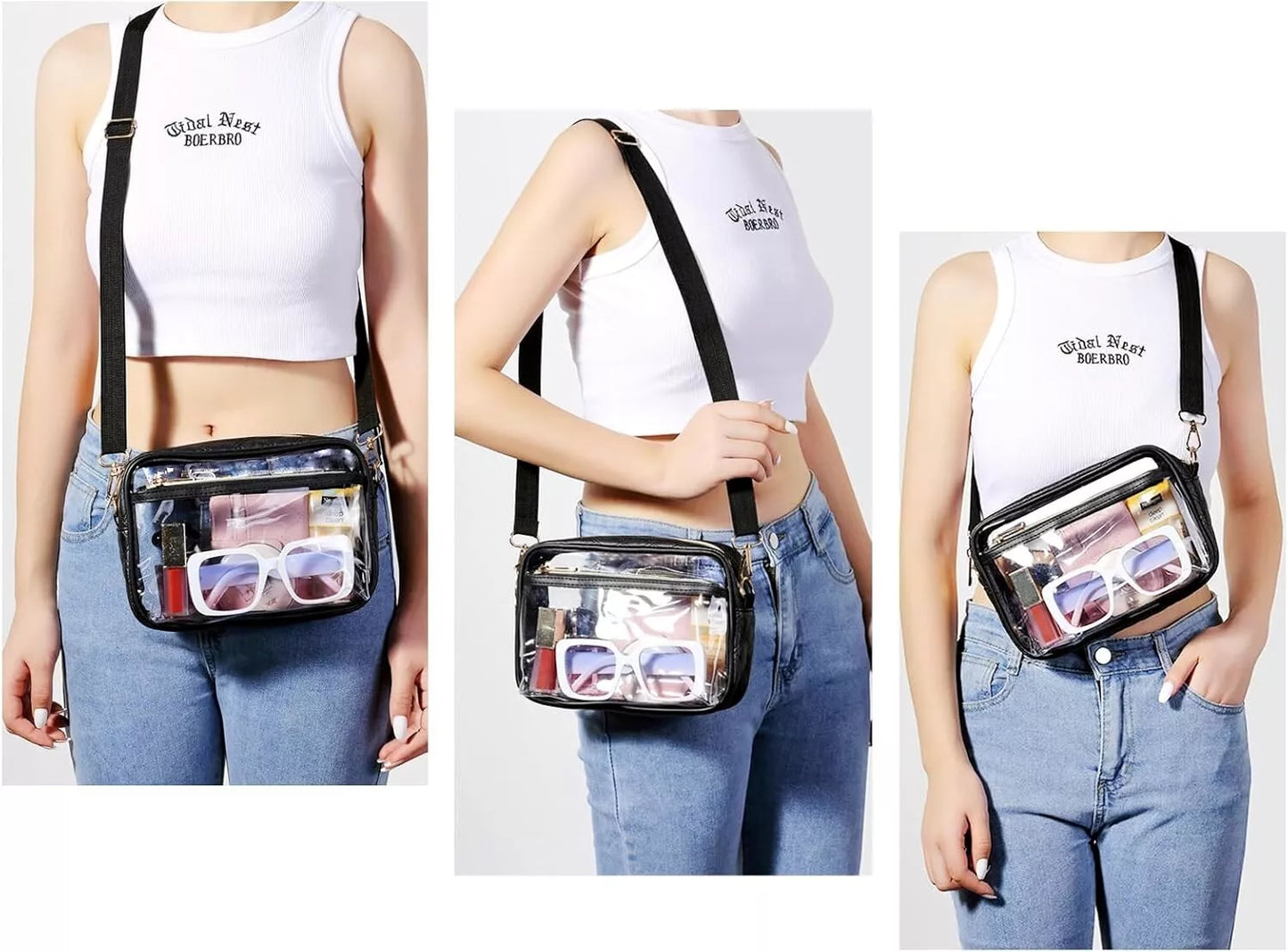 Person wearing a clear crossbody bag with various items visible.