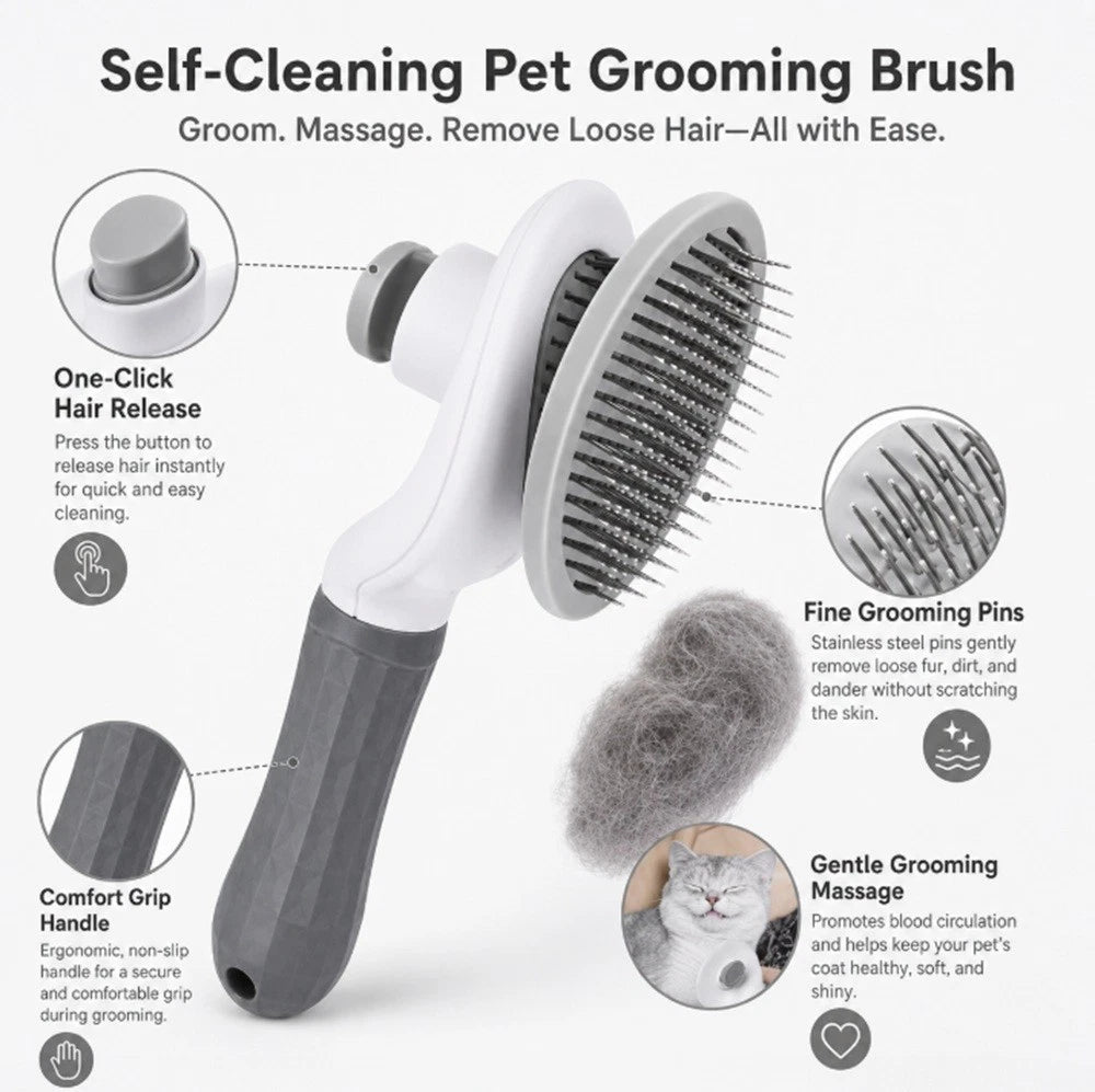 Self-Cleaning Pet Grooming Brush with features highlighted on a white background