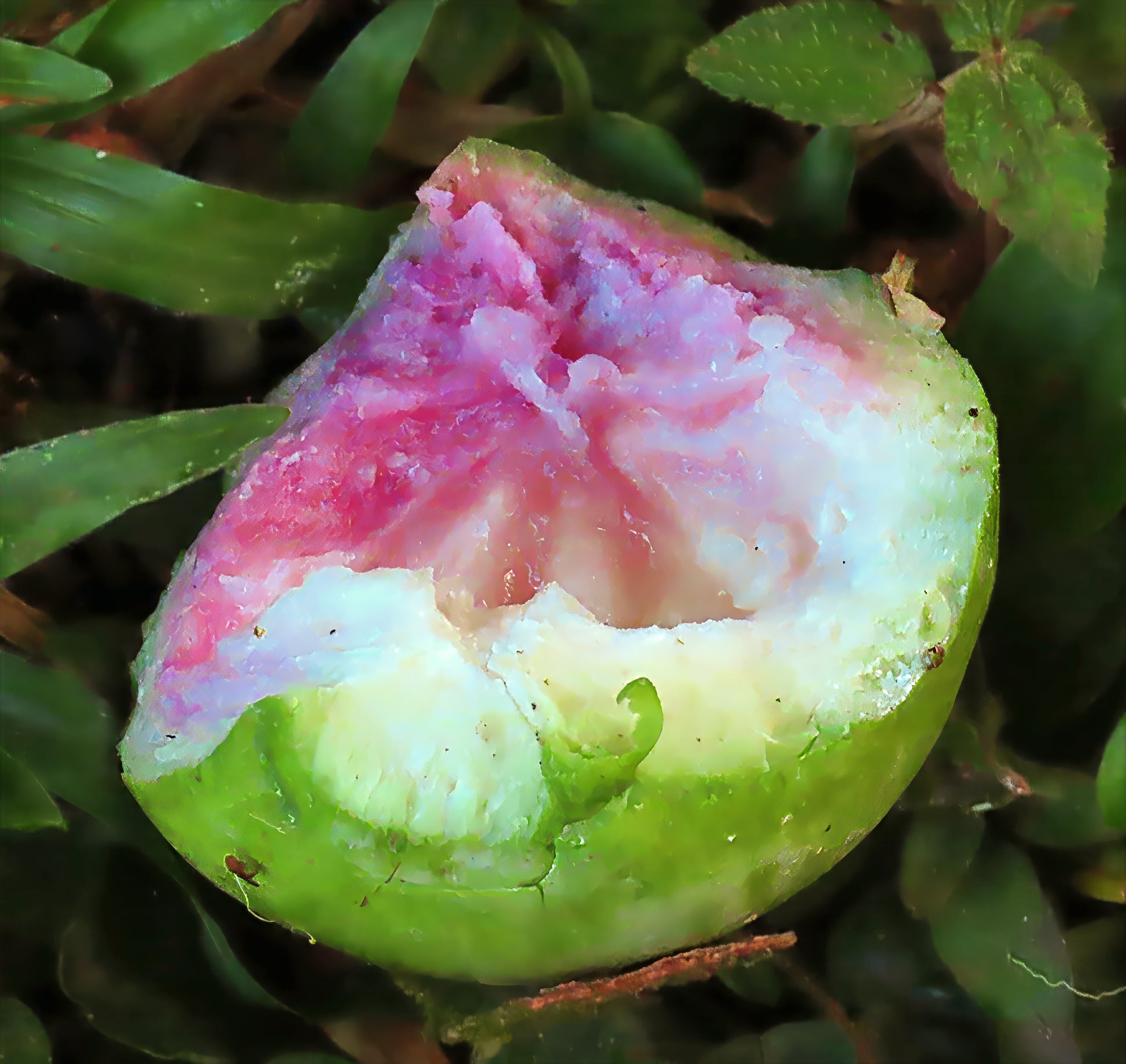 Inside image of Ruby Supreme guava fruit with green leaf background. (Psidium guajava)