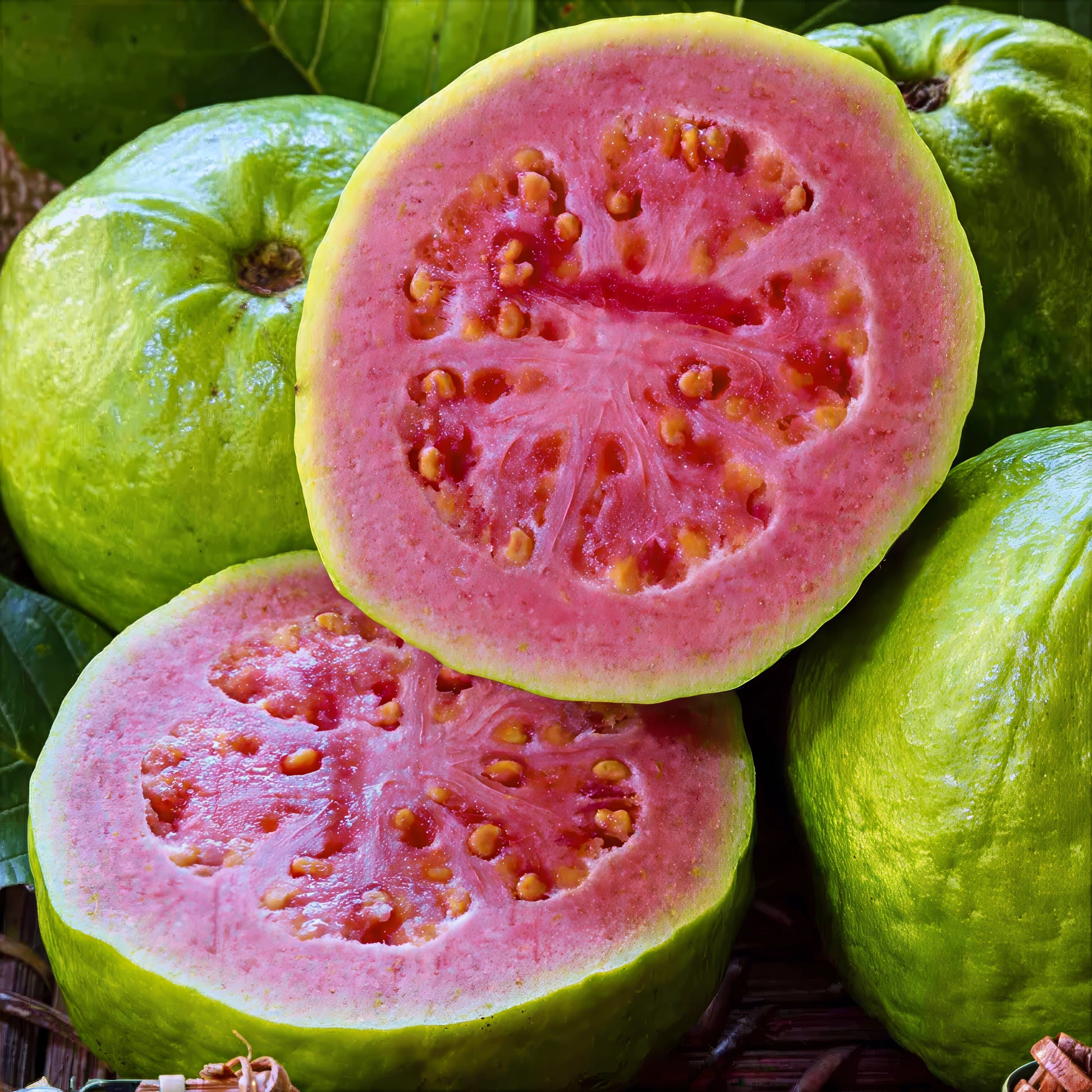 Cross section view of Ruby Supreme pink guava fruit on table. 