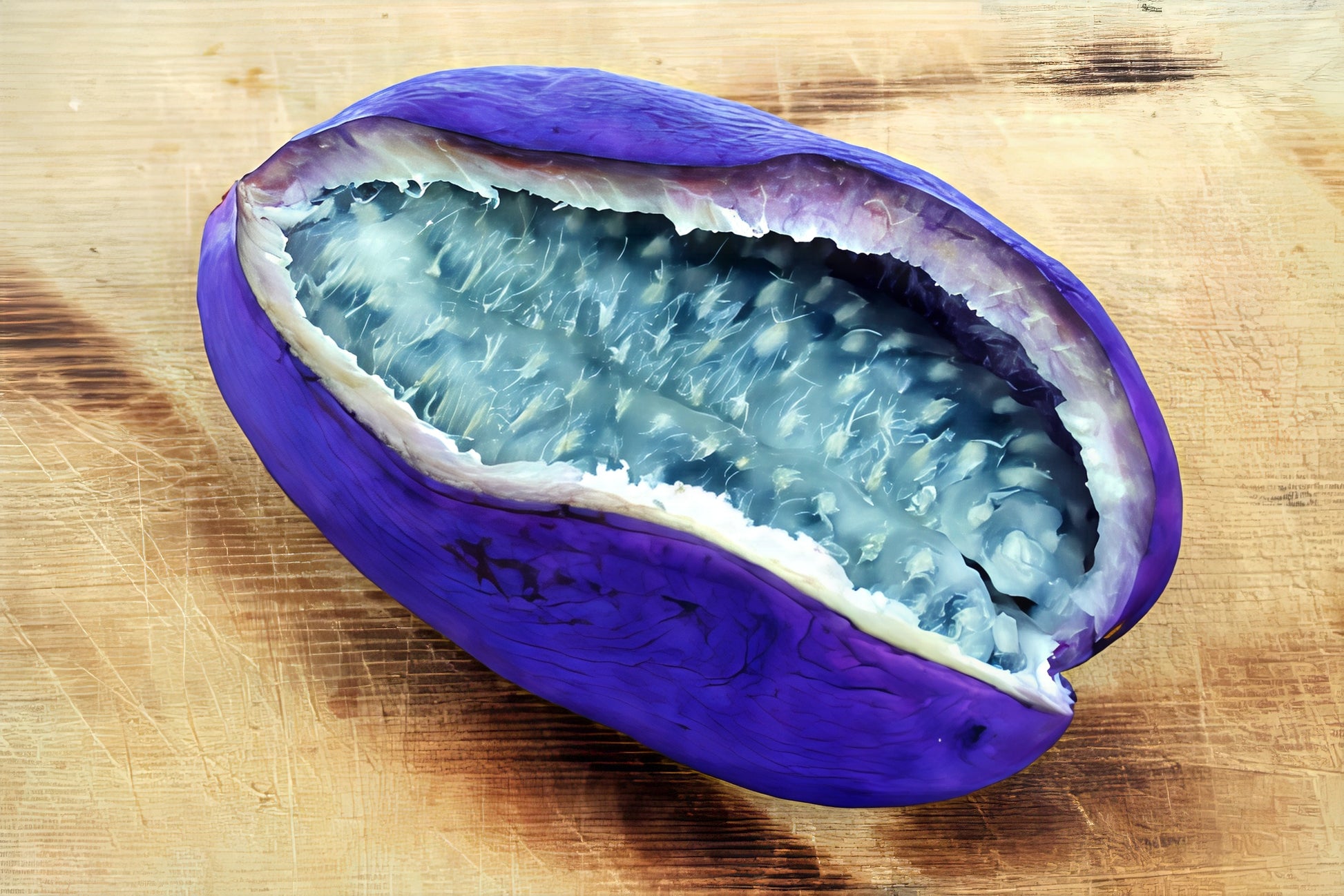 Purple Chocolate vine fruit cut in half on a wooden surface