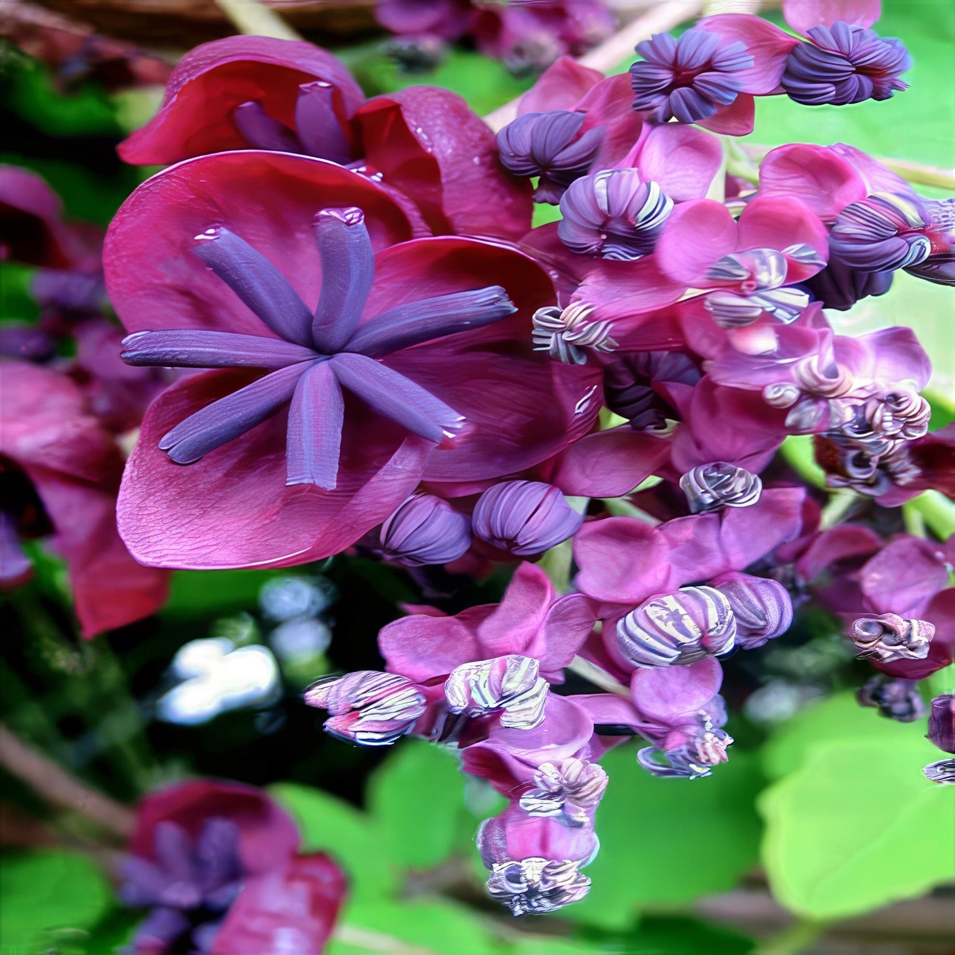 Close-up of pink and purple Chocolate vine flowers with green leaves in the background. (Akebia trifoliata)