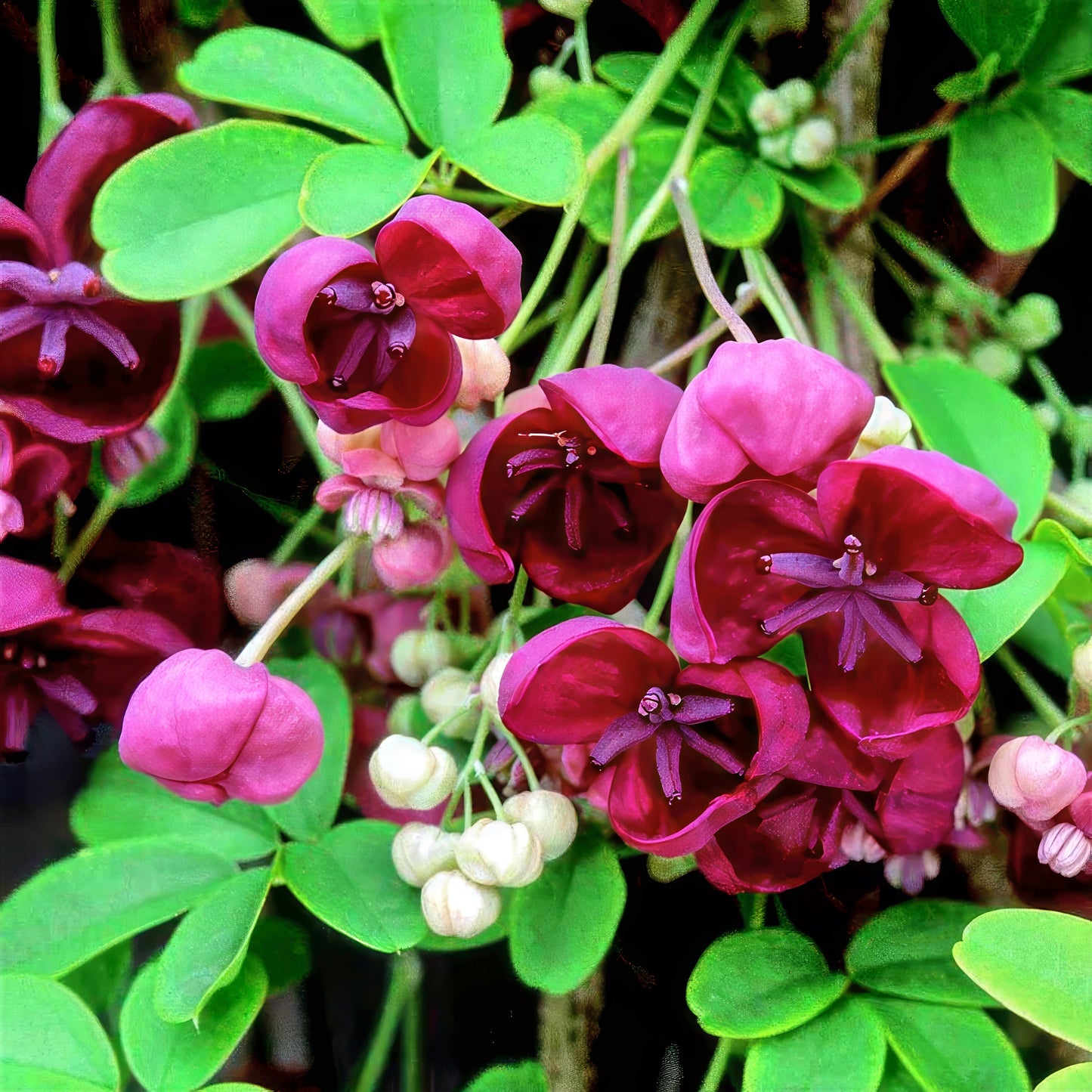 Close-up of pink and red Chocolate vine flowers with green leaves