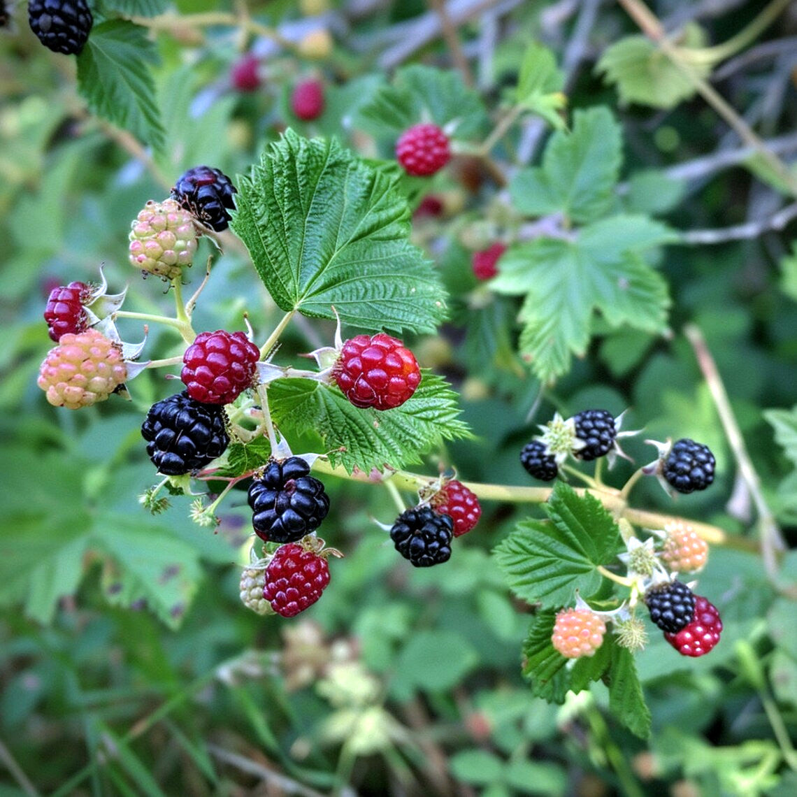 California Pacific Trailing Blackberries on a branch with green leaves. (Rubus ursinus)