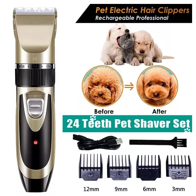 A promotional image featuring a pet electric hair clipper in gold and black colors, with four attachment combs, a cleaning brush, and a USB charging cable. It shows a before and after effect on pets' fur and includes images of dogs and cats using the product.