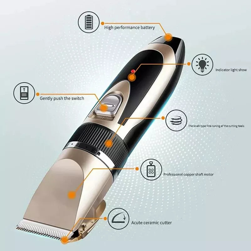 Hair trimmer with labeled features on a light background
