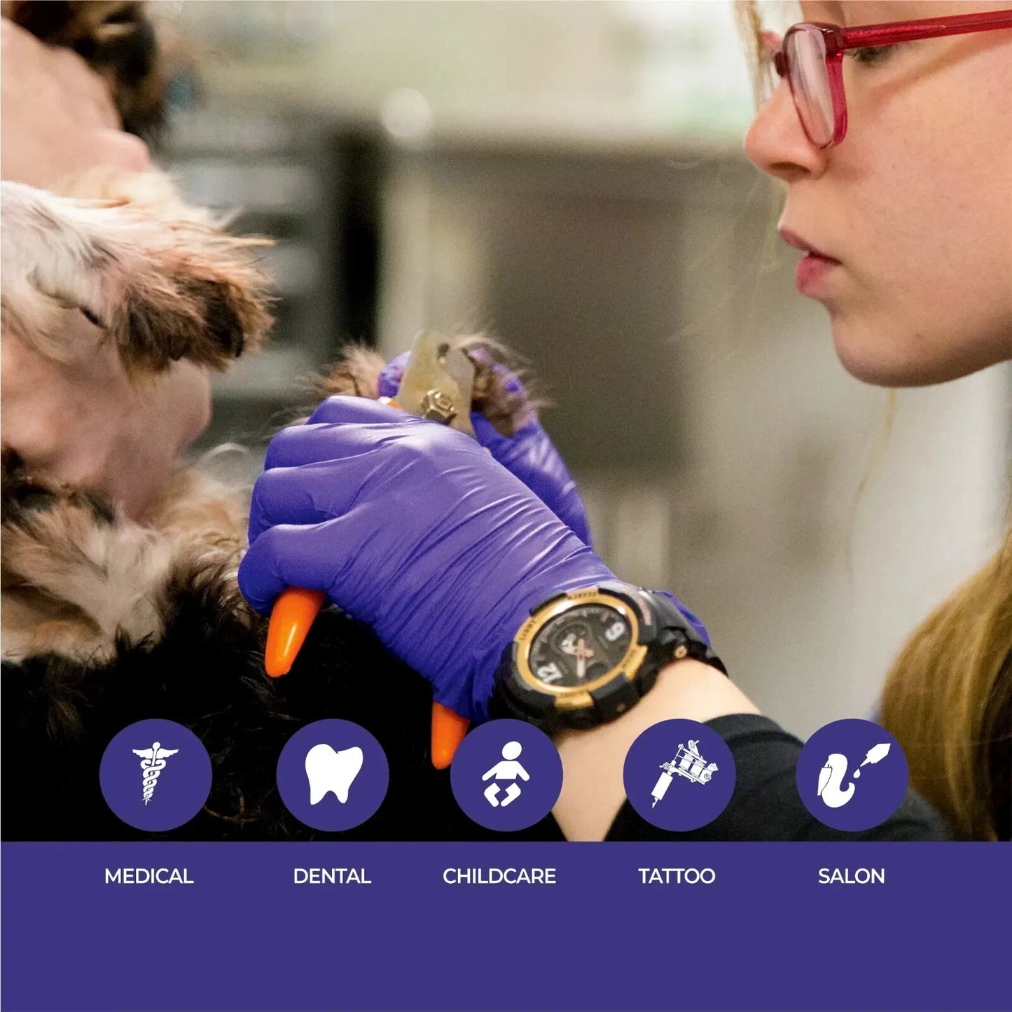 Person with indigo nitrile exam gloves trimming a dog's nail, with icons and text categories at the bottom.