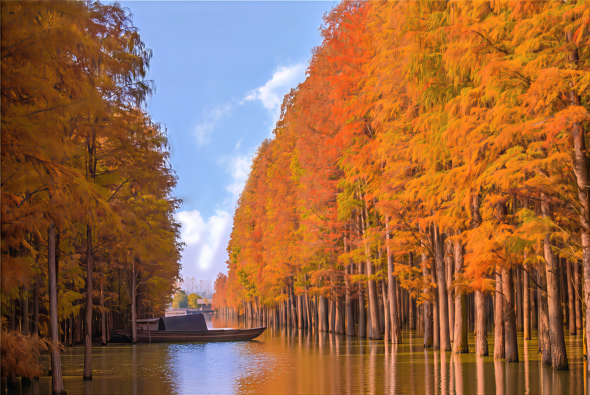 Autumnal Dawn Redwood trees lining a canal with a clear blue sky.