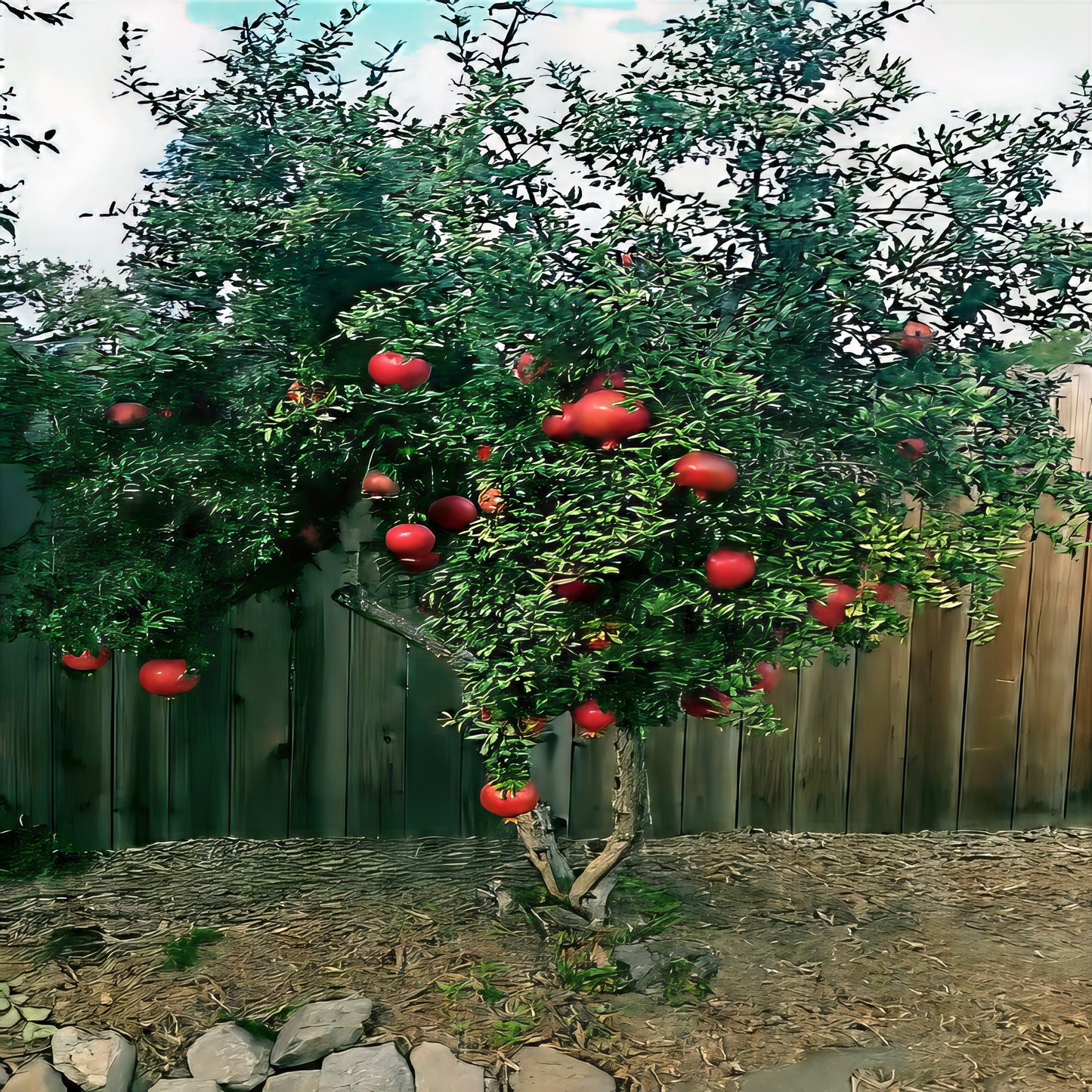 Dwarf Pomegranate tree with red fruits against a wooden fence.