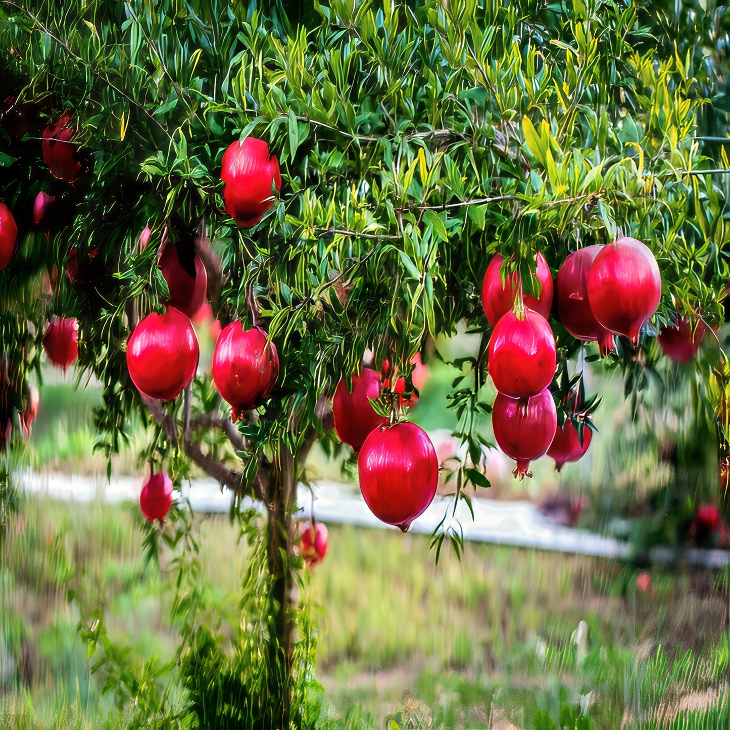 Red dwarf pomegranates hanging from a tree with green leaves.