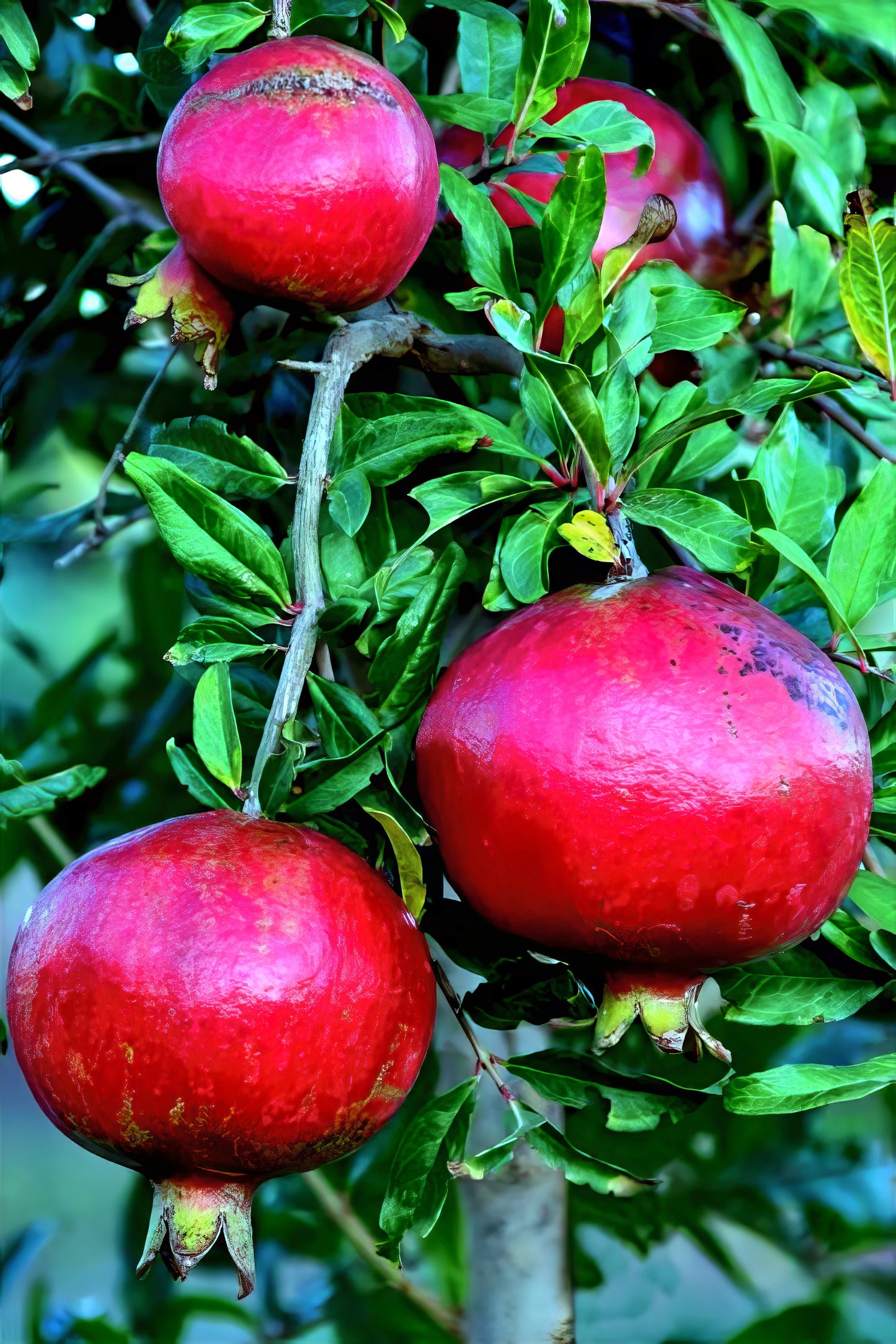 Pomegranate fruit handing from a (Punica granatum “Nana”) dwarf pomegranate tree.