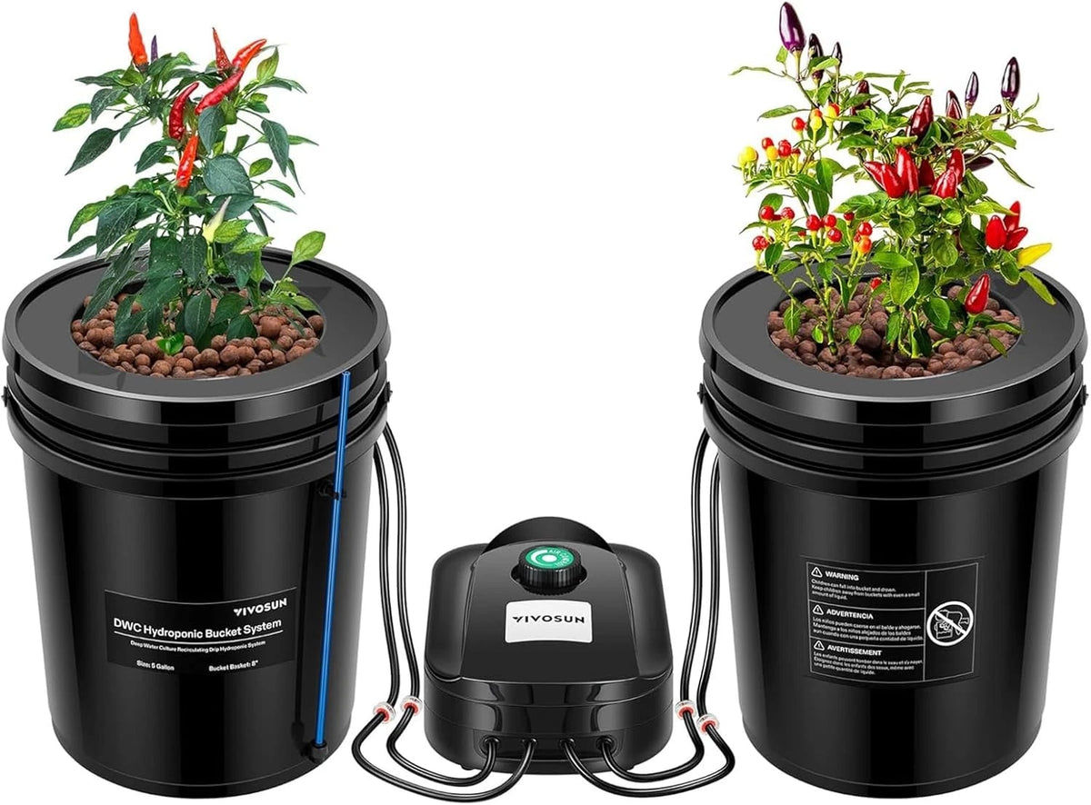 Two VIVOSUN hydroponic bucket grow kits with plants and a pump on a white background