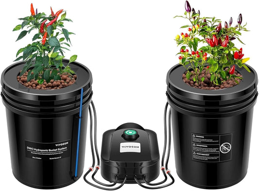 Two VIVOSUN hydroponic bucket grow kits with plants and a pump on a white background