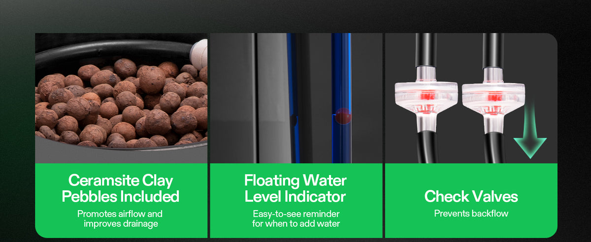 Three-panel product feature graphic for a VIVOSUN DWC hydroponic bucket kit. Left panel shows brown ceramic clay pebbles in a pot with text reading 'Cerasite Clay Pebbles Included.